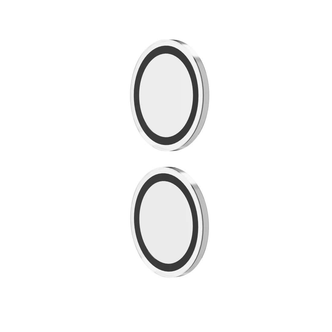 Dwa srebrne, okrągłe magnesy. Każdy ma biały środek i czarny pierścień wokół niego.