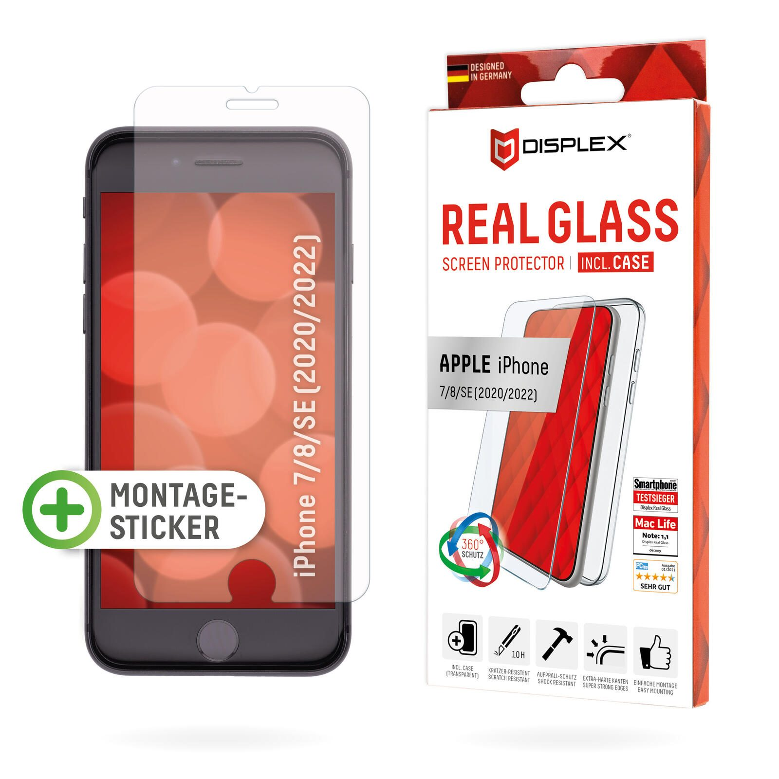 Ein Smartphone mit Displayschutzfolie, einem Montageaufkleber und einer Produktverpackung mit Bewertungen.