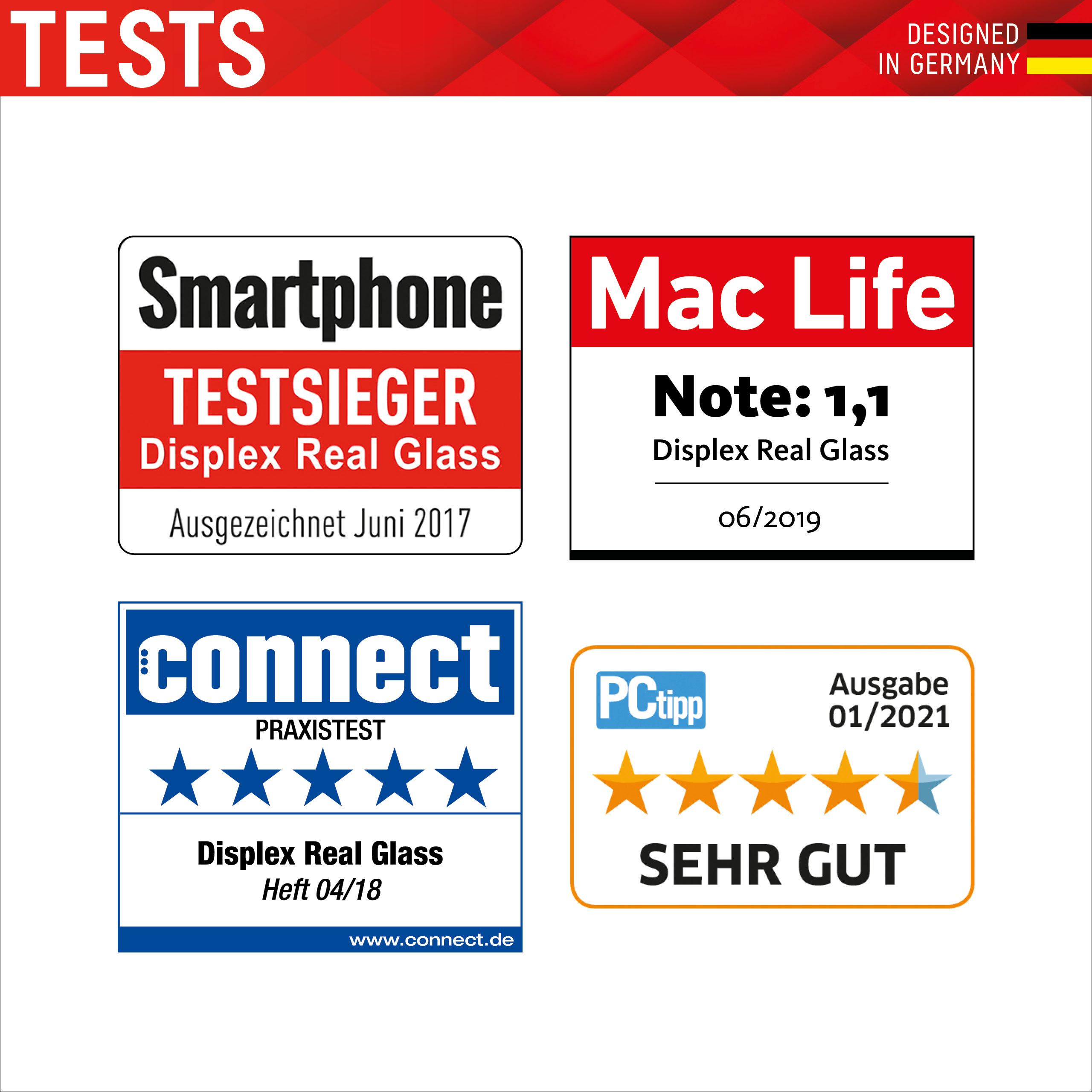 Vier Logos mit Text über Smartphone-Displayschutzfolien und Bewertungen verschiedener Magazine.