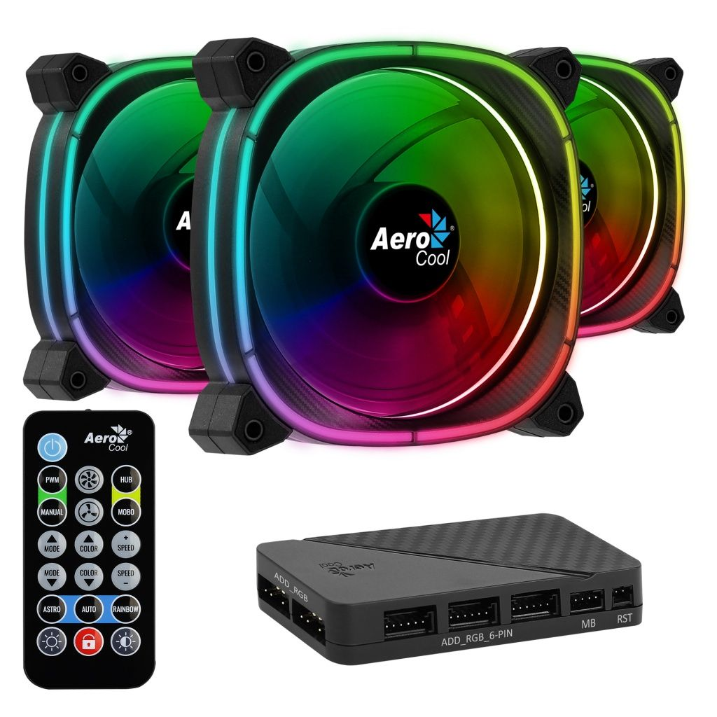 Tre ventole per computer RGB, telecomando e un controller. Le ventole sono colorate.