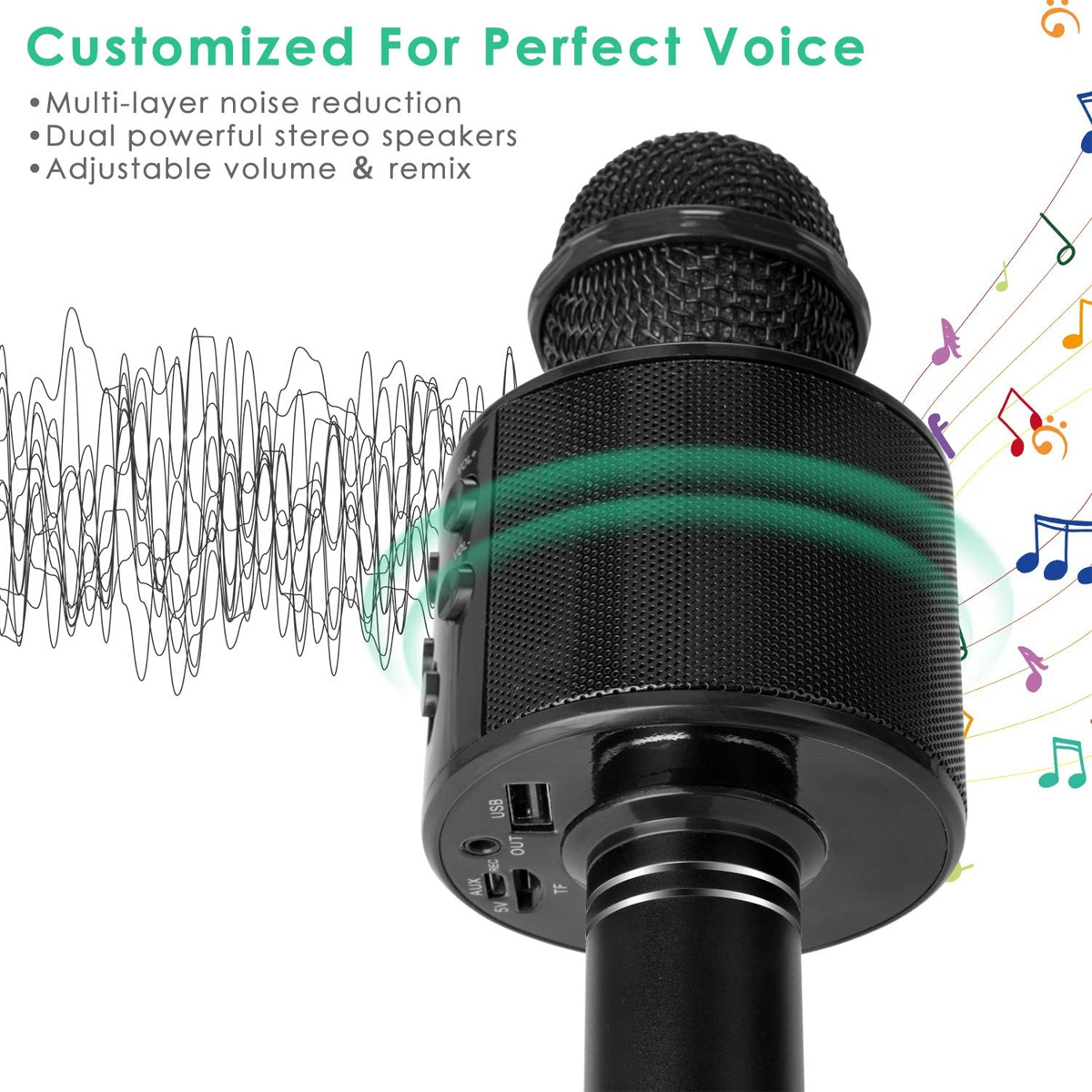 Schwarzes Mikrofon mit Schallwellen-Grafiken und Noten. Text: 'Customized For Perfect Voice'.