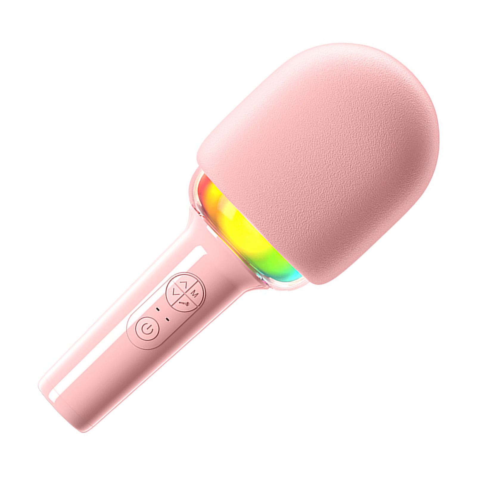 Rosa Handmikrofon mit Regenbogen-LED-Lichtern. Weißer Hintergrund.