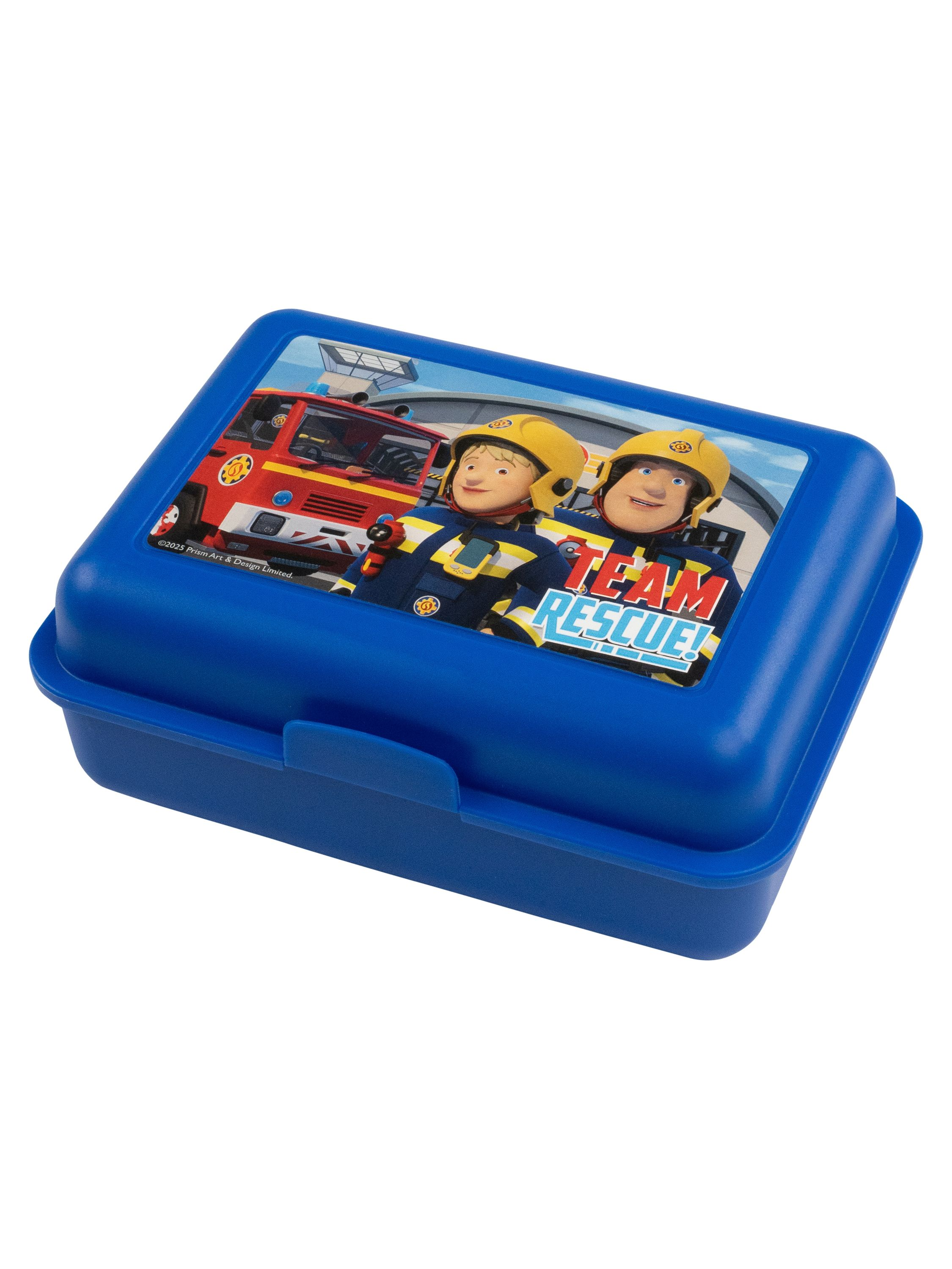 Blaue Brotdose mit Bild von zwei Feuerwehrleuten und einem Feuerwehrauto. Text sagt 'TEAM RESCUE'.