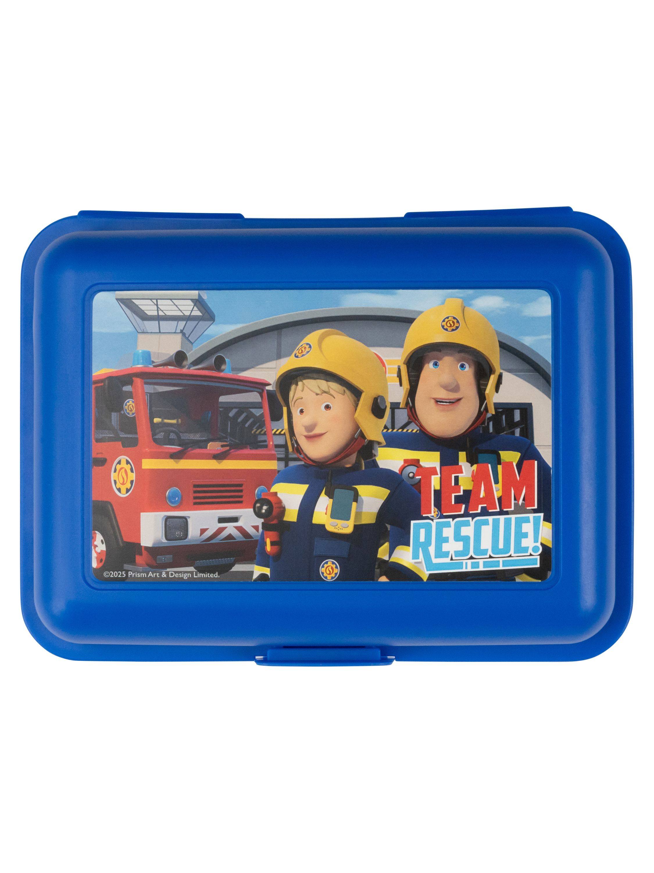 Blaue Brotdose mit Cartoon-Feuerwehrleuten. Die Box ist geschlossen, mit Bildern von Feuerwehrleuten.