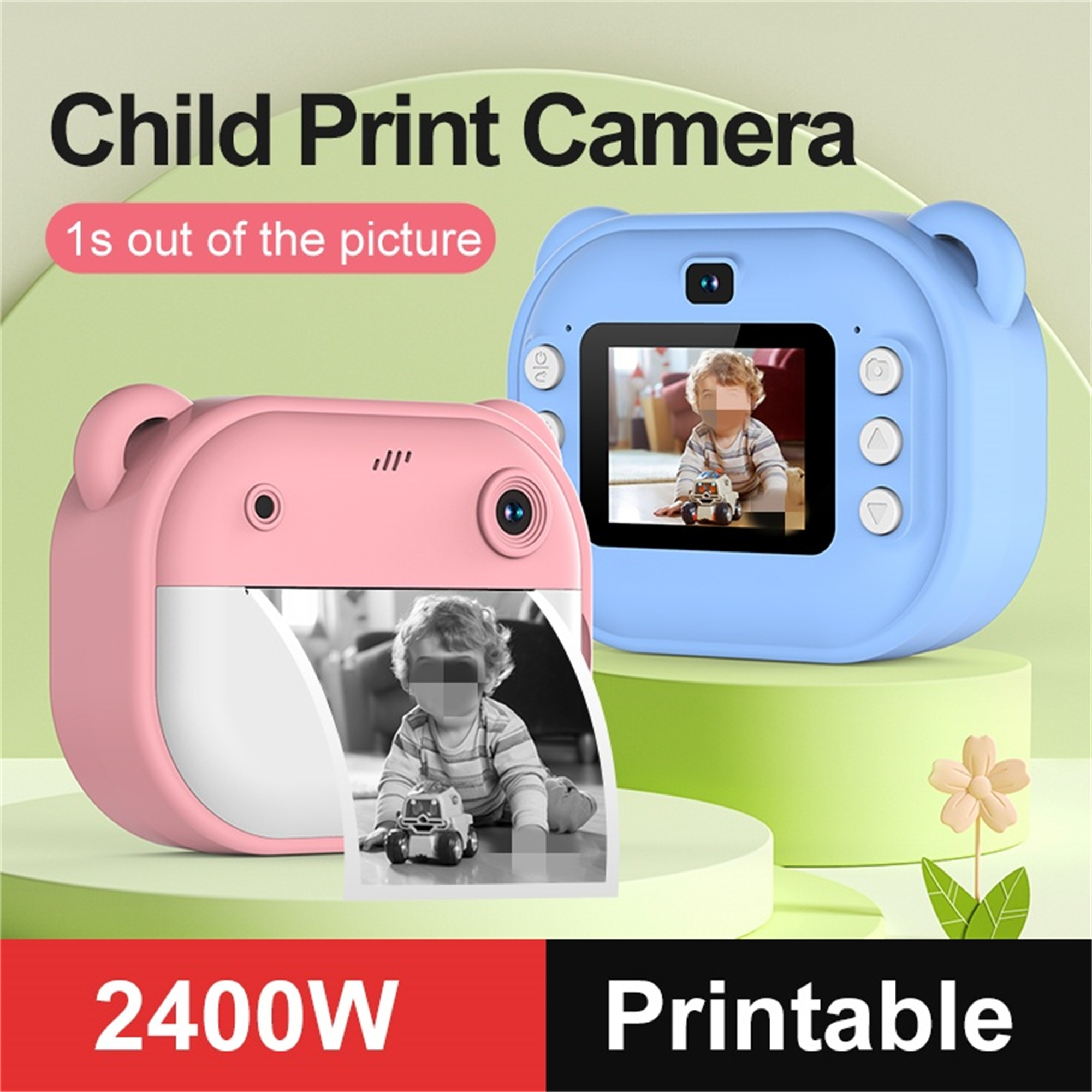 Rosa und blaue Kinderdruckkameras. Eine druckt ein Foto. Text sagt 'Child Print Camera'.