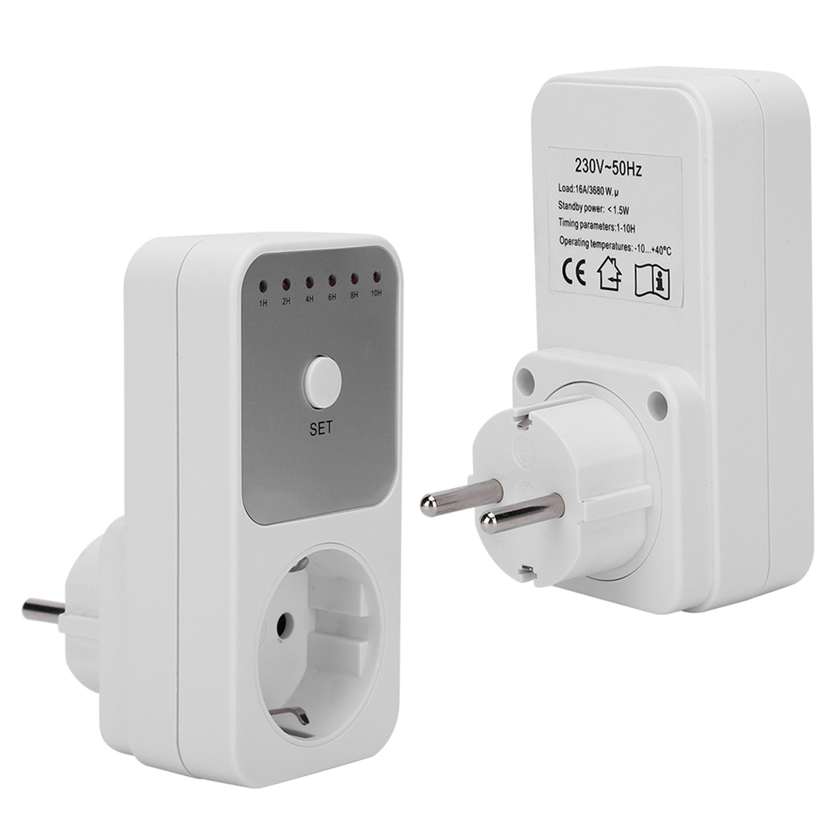 Weißer Strom-Timer mit Stecker und Steckdose. Es hat Knöpfe und Textinformationen.