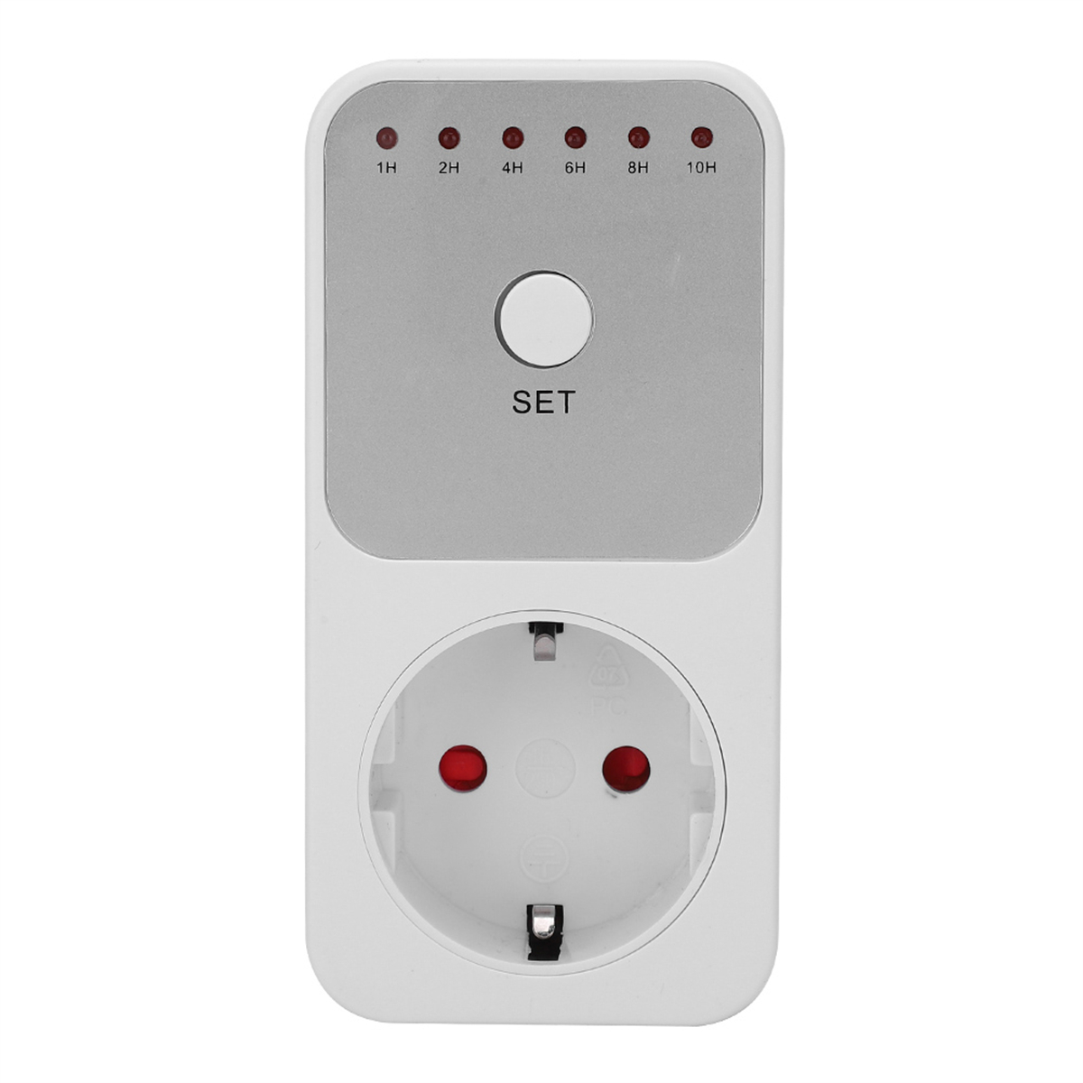 Ein weißer elektrischer Timer mit einer Steckdose und mehreren Kontrollleuchten. Das Wort SET ist sichtbar.