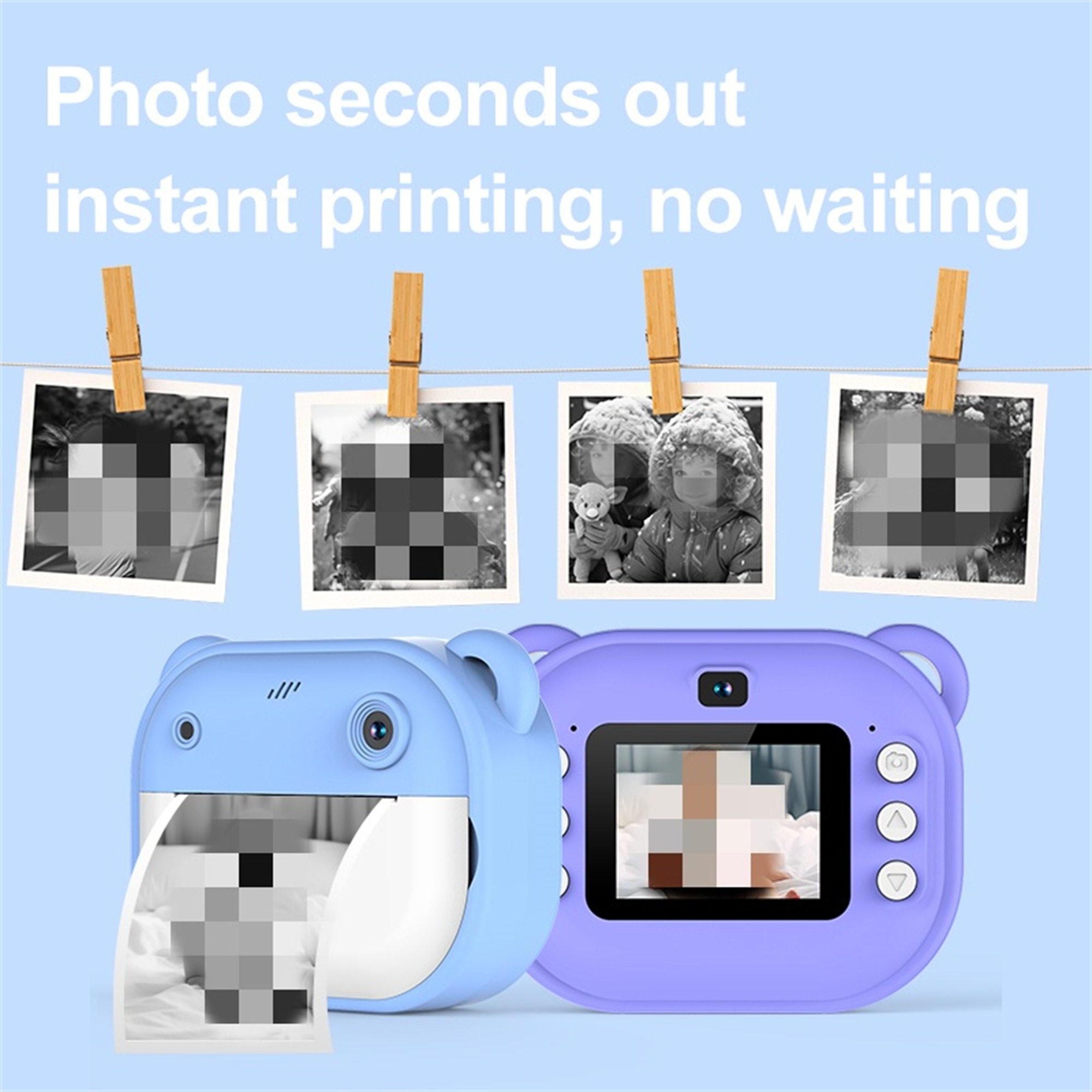 Zwei blaue und lila Kameras mit Fotos. Fotos werden mit Wäscheklammern aufgehängt.
