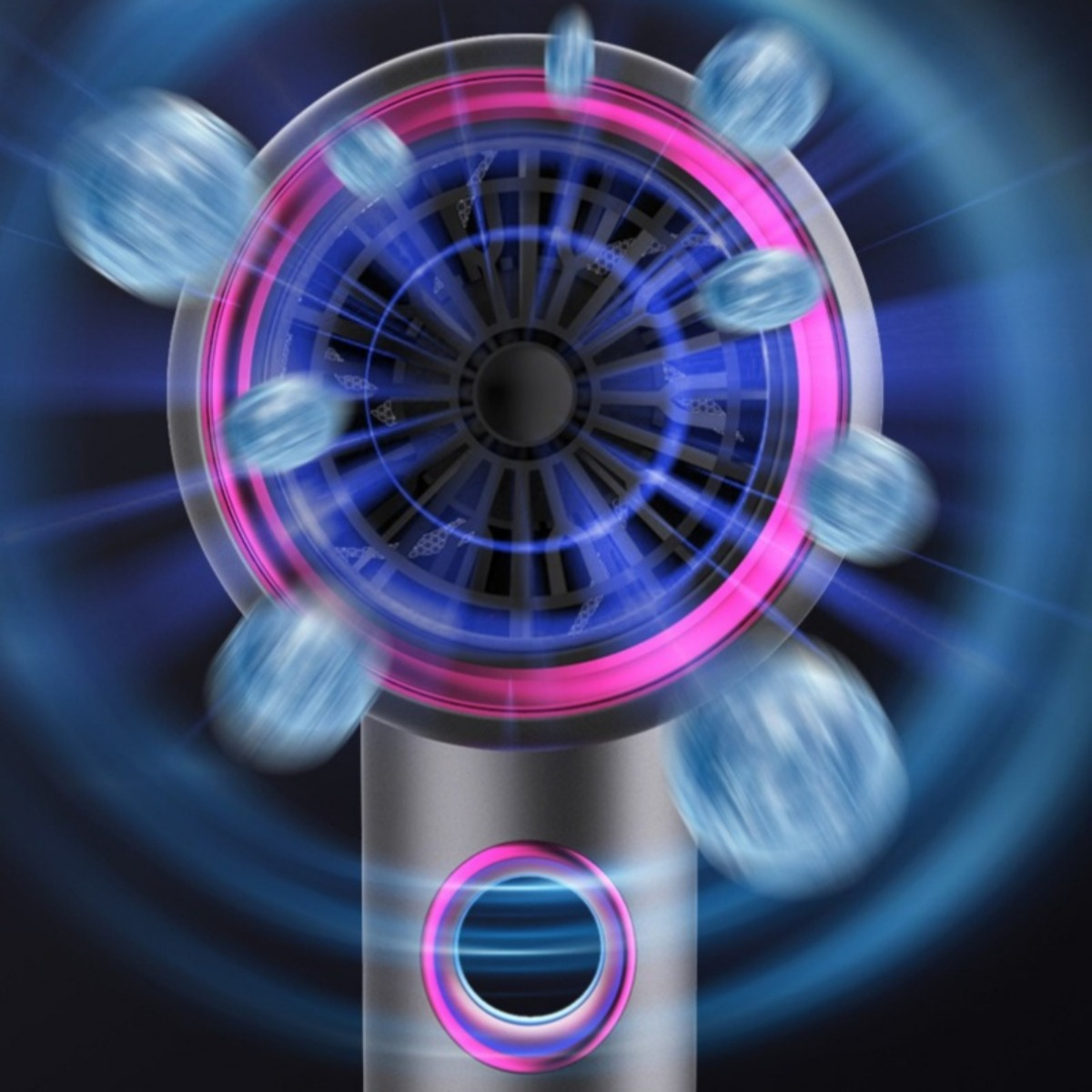 Nahaufnahme des Lüfters eines Haartrockners. Rosa und blaue Lichter. Silberner Griff. Schwarzer Hintergrund.