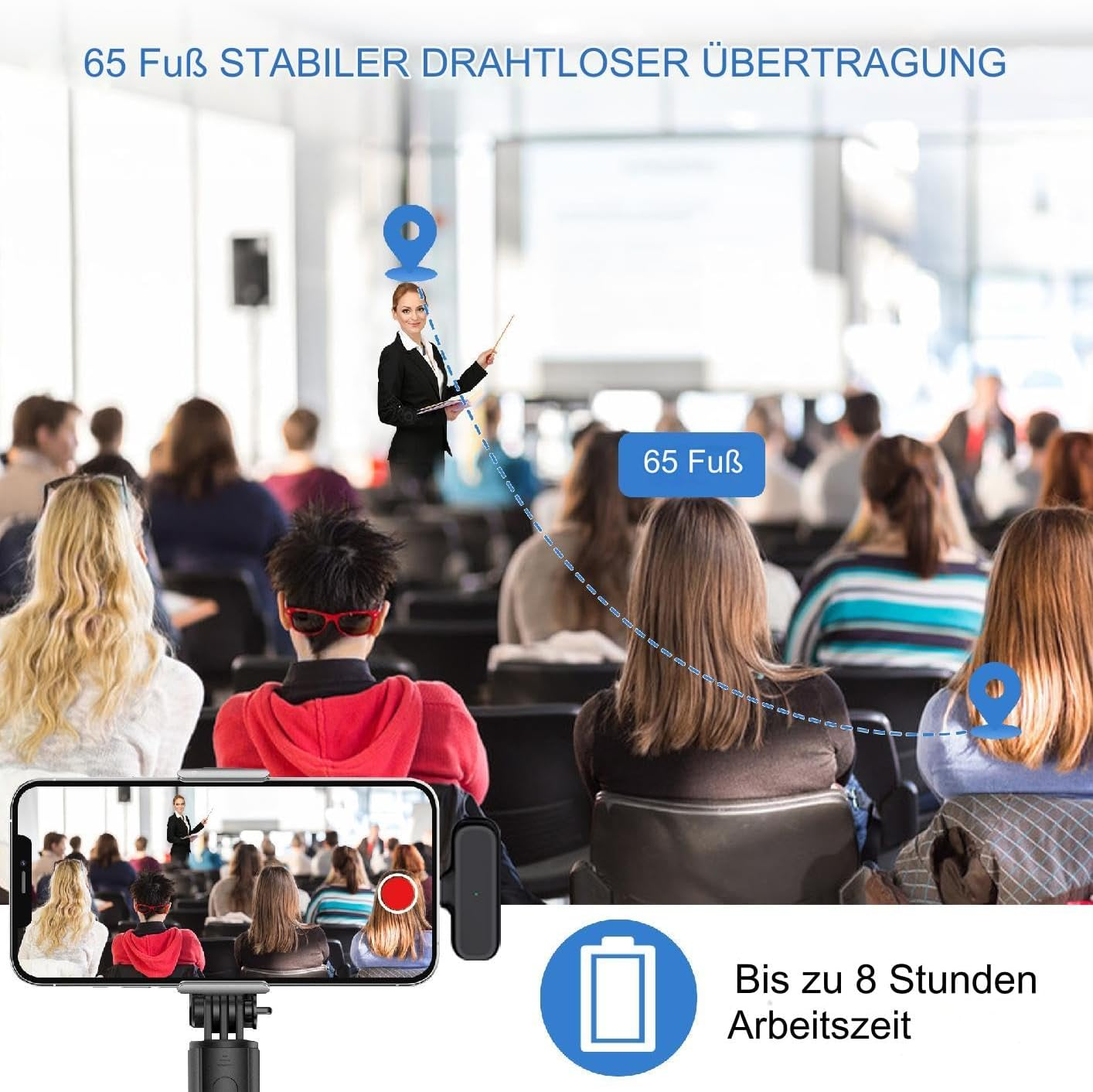 Frau präsentiert einem Publikum mit einem Telefon, das einen Präsentator zeigt. Weißer Hintergrund.