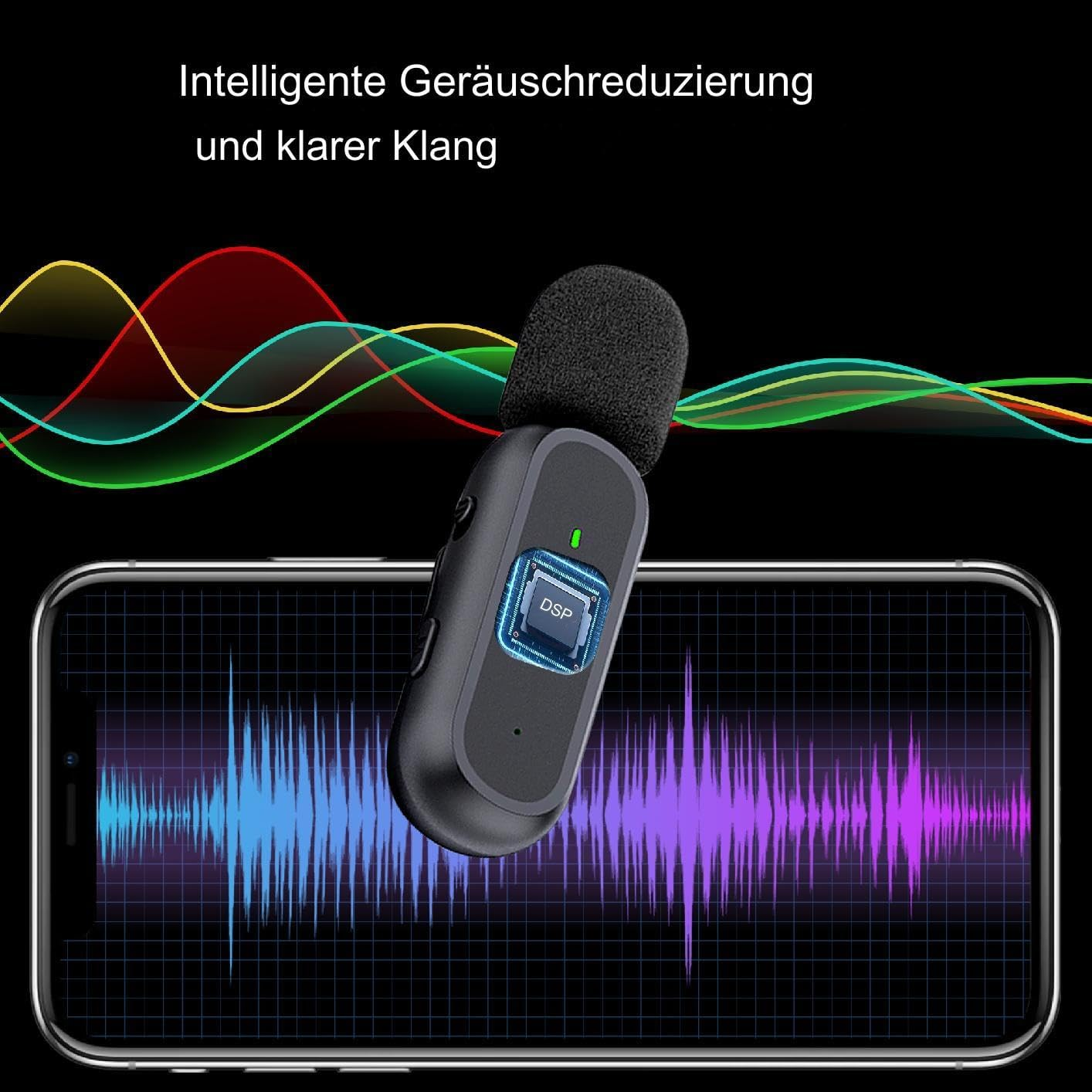 Kabelloses Mikrofon auf dem Telefon. Grafik von Schallwellen. Schwarzer Hintergrund.