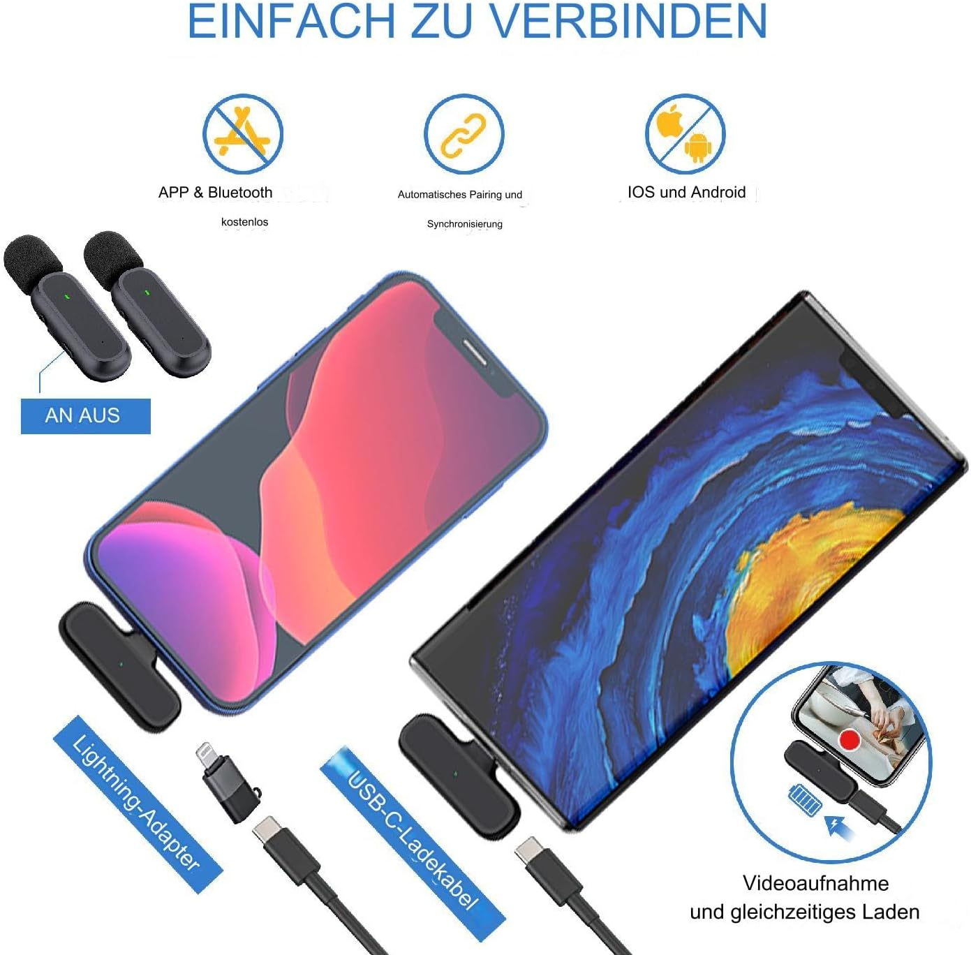 Zwei Smartphones, die an Ladeadapter angeschlossen sind. Beschriftungen: Lightning-Adapter und USB-C-Ladegerät. Außerdem Symbole für Funktionen.
