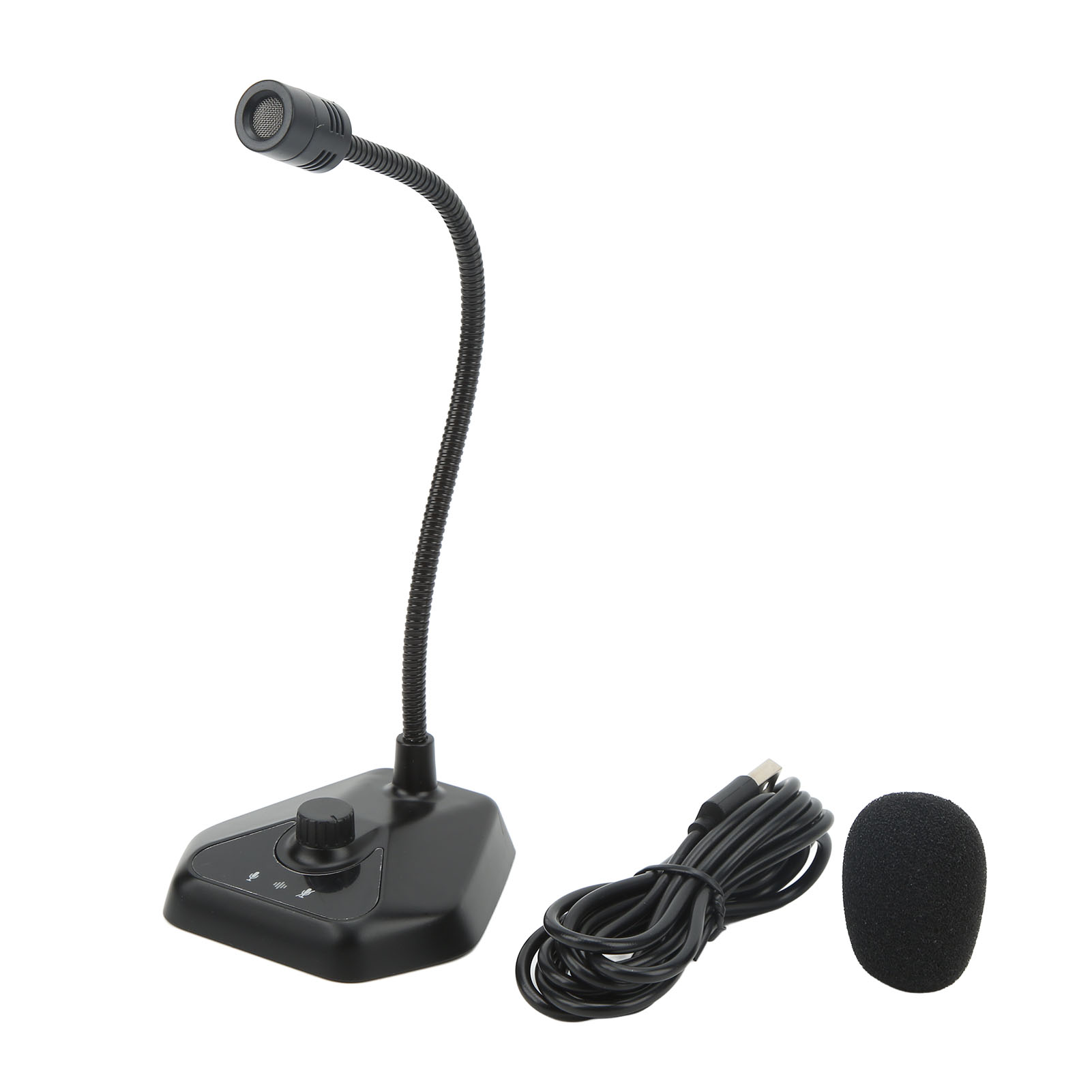 Schwarzes Tischmikrofon, flexibler Arm. USB-Kabel und Schaummikrofonabdeckung daneben. Weißer Hintergrund.
