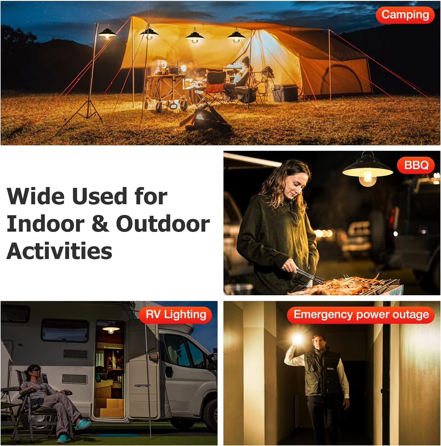 Mehrere Szenen, die Outdoor-Aktivitäten mit Lampen zeigen. Camping, Grillen, Wohnmobil und Notfall.