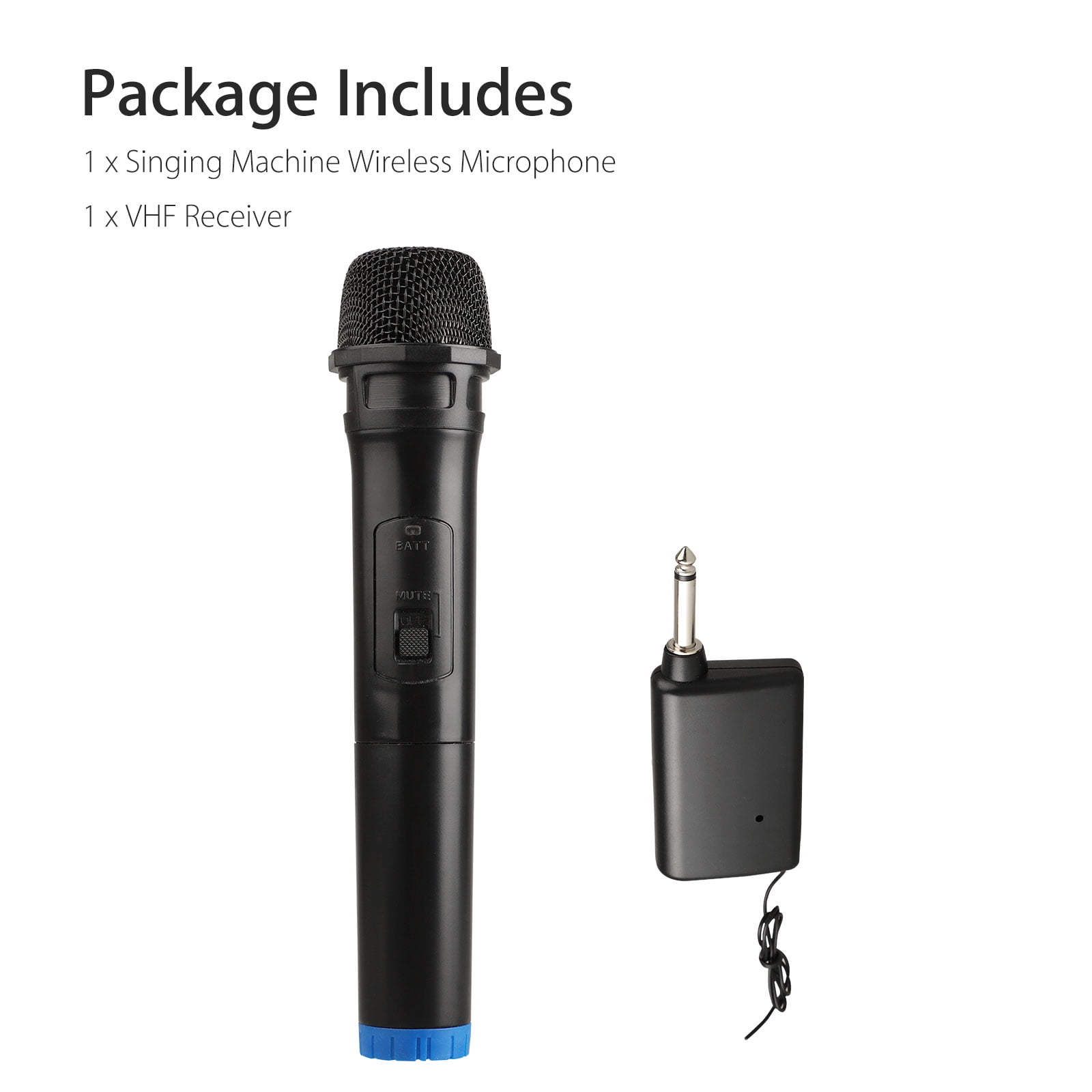 Schwarzes Mikrofon und Empfänger mit dem Text 'Package Includes'. Weißer Hintergrund.