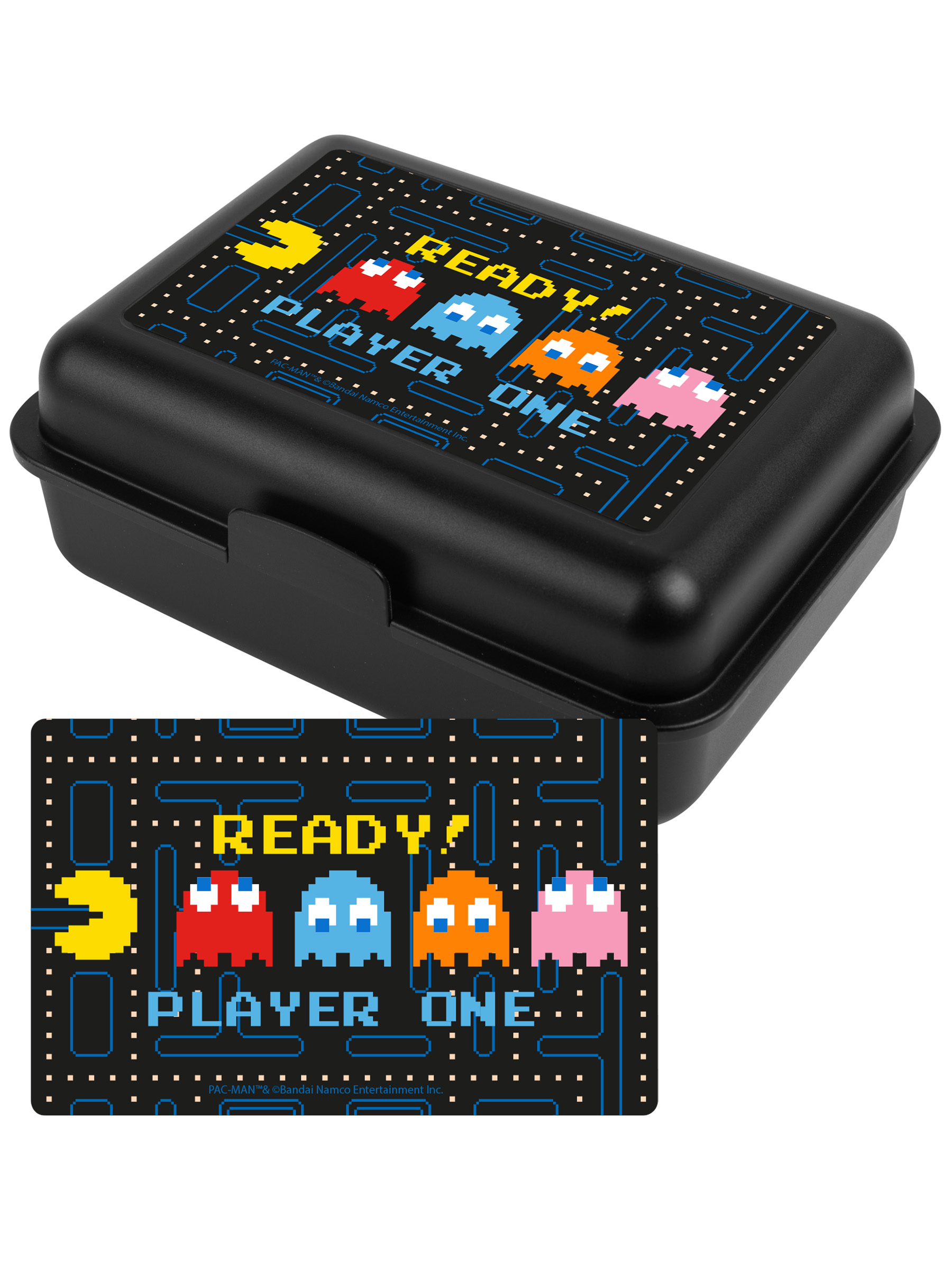 Schwarze Pac-Man-Lunchbox mit Charakterbildern. Enthält eine passende Deckelgrafik.