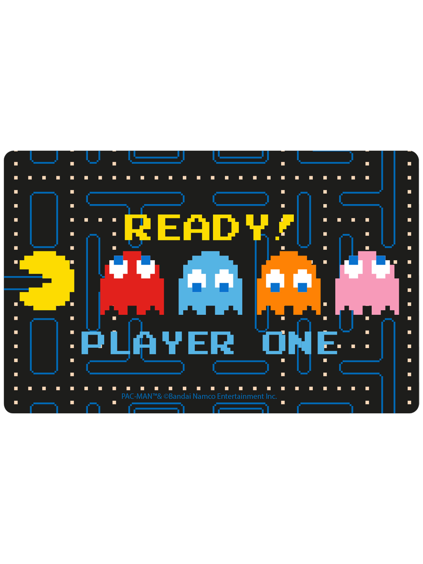 Pac-Man-Spielmatte mit schwarzem Hintergrund und Spielcharakteren, Text "Ready Player One".