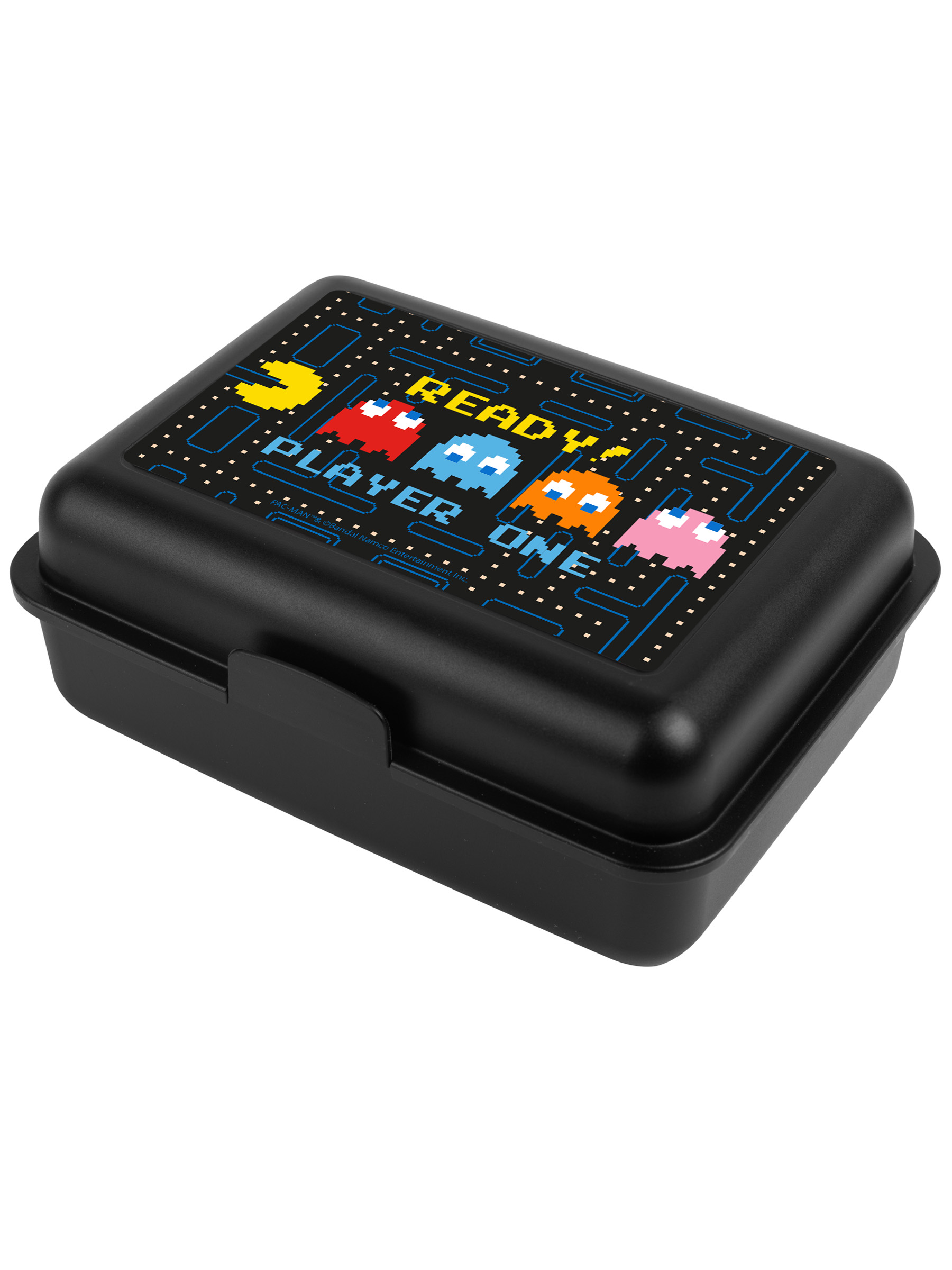 Schwarze Pac-Man-Lunchbox mit Charakterbildern. Ansicht von einem Winkel.