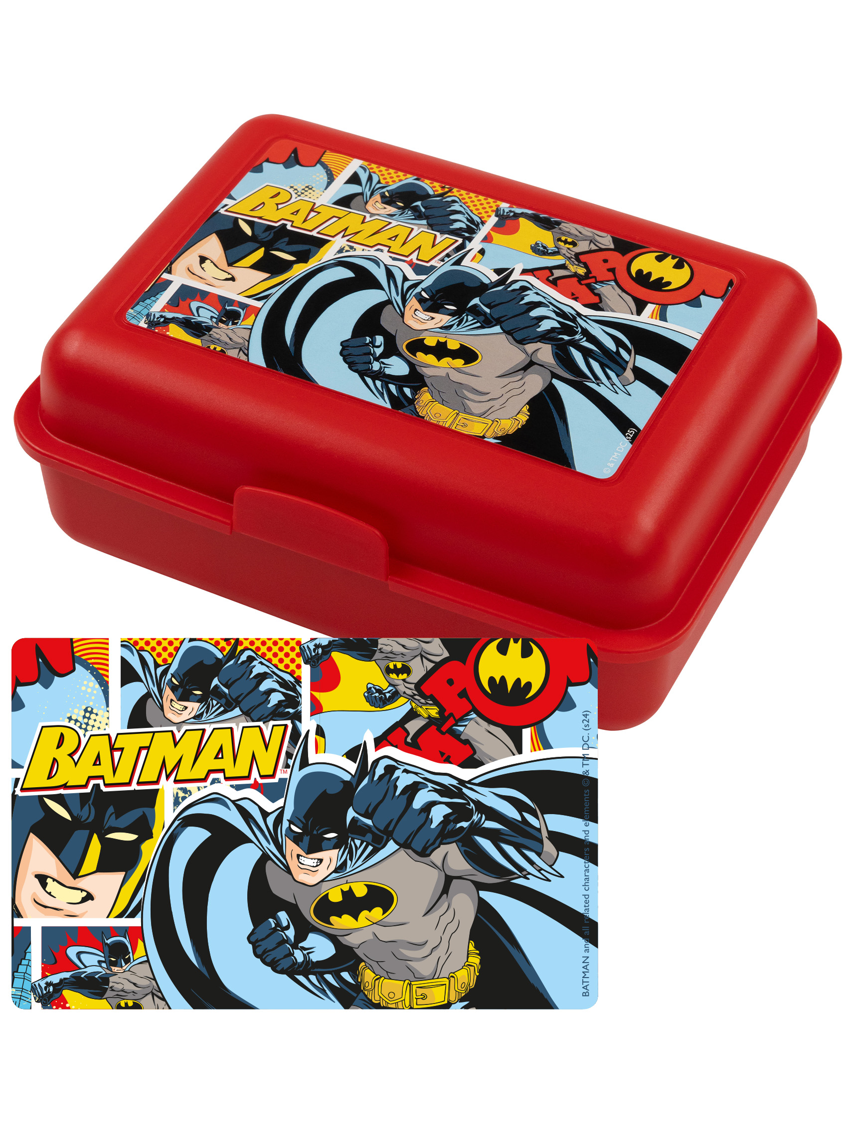 Rote Batman-Lunchbox mit Charakterbildern. Enthält eine passende Deckelgrafik.