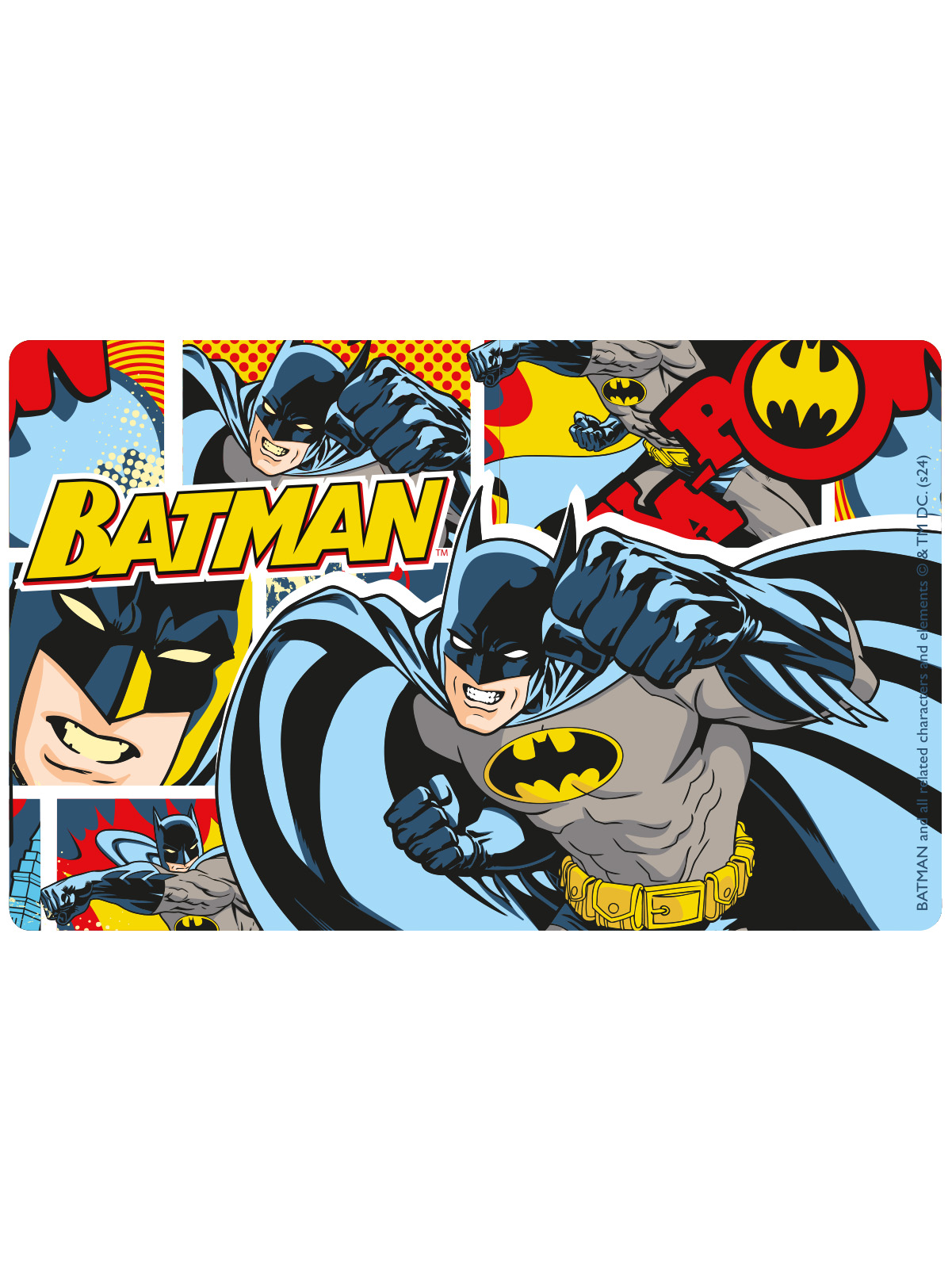 Batman-Comic-Panel-Design. Batman in Aktion mit Textüberlagerungen.