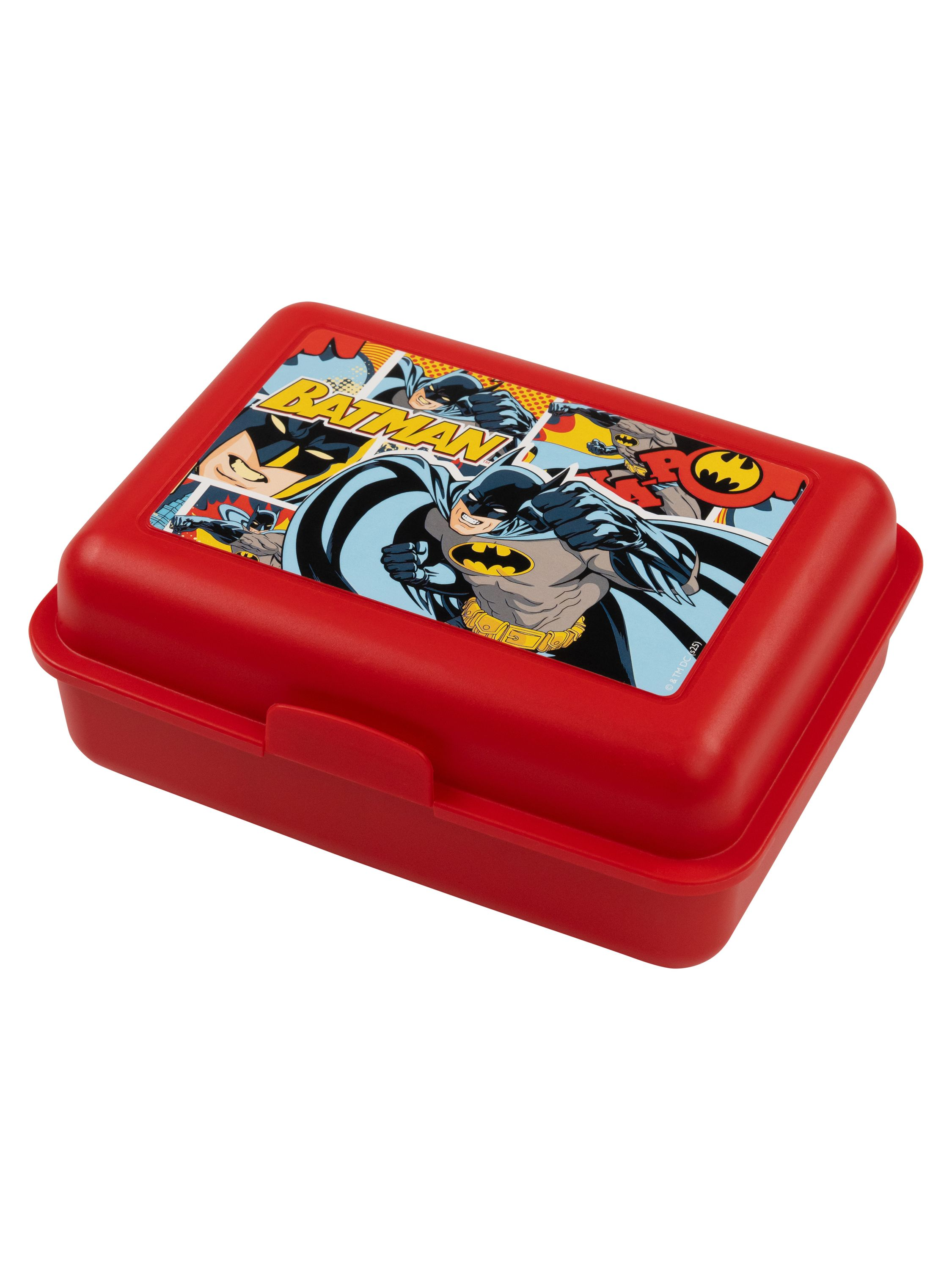 Rote Batman-Brotdose mit Comic-Kunst. Top-Bild zeigt Batman in Action-Posen.