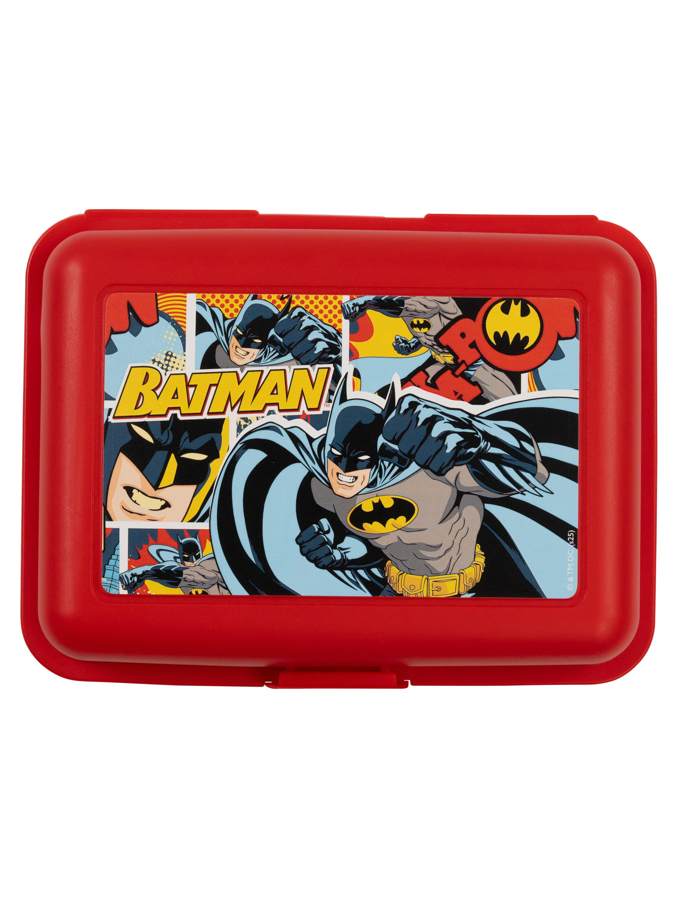 Rote Batman-Brotdose mit Comic-Kunst. Top-Bild zeigt Batman in Action-Posen.