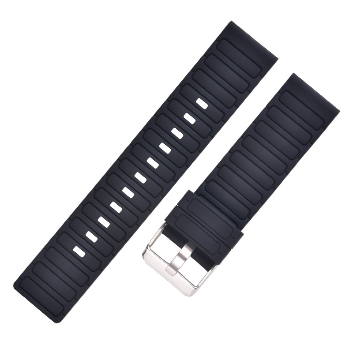 Zwei schwarze Uhrenarmbänder mit weißen Löchern und Metallschnalle. Weißer Hintergrund.