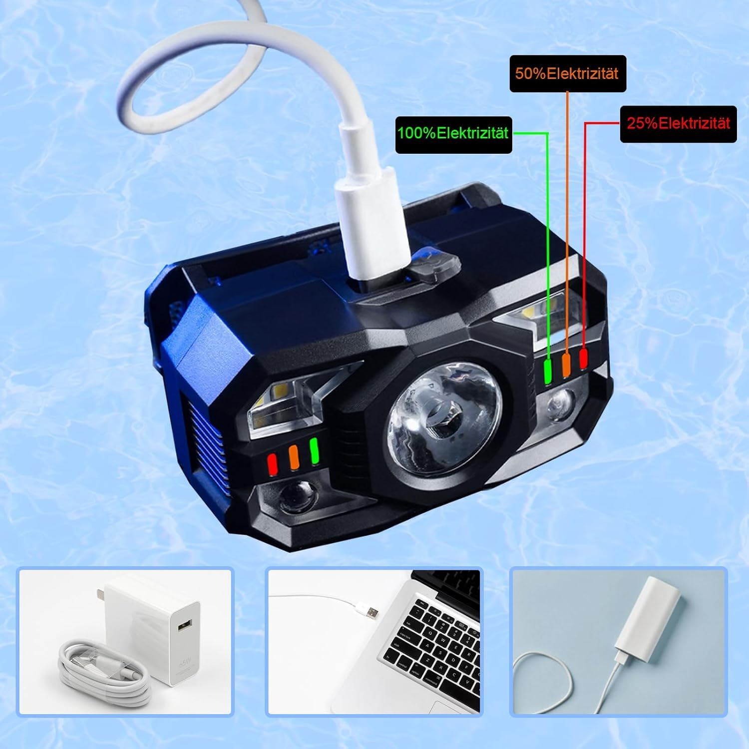 Stirnlampe-Ladeaufbau, zeigt verschiedene Leistungsstufen. Inklusive Ladegerät, Laptop und Kabel.
