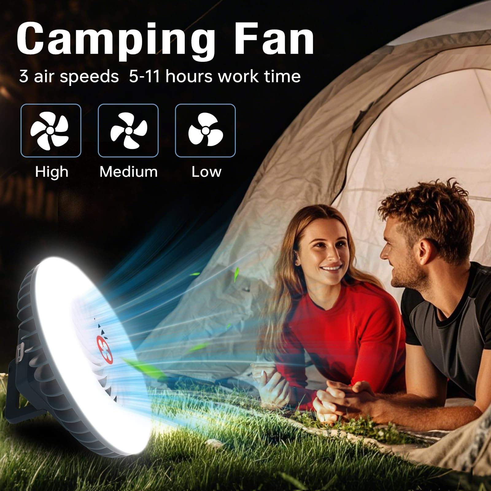 Campingventilator mit 3 Luftgeschwindigkeiten und einem Paar, das die Brise in der Nähe eines Zeltes genießt.