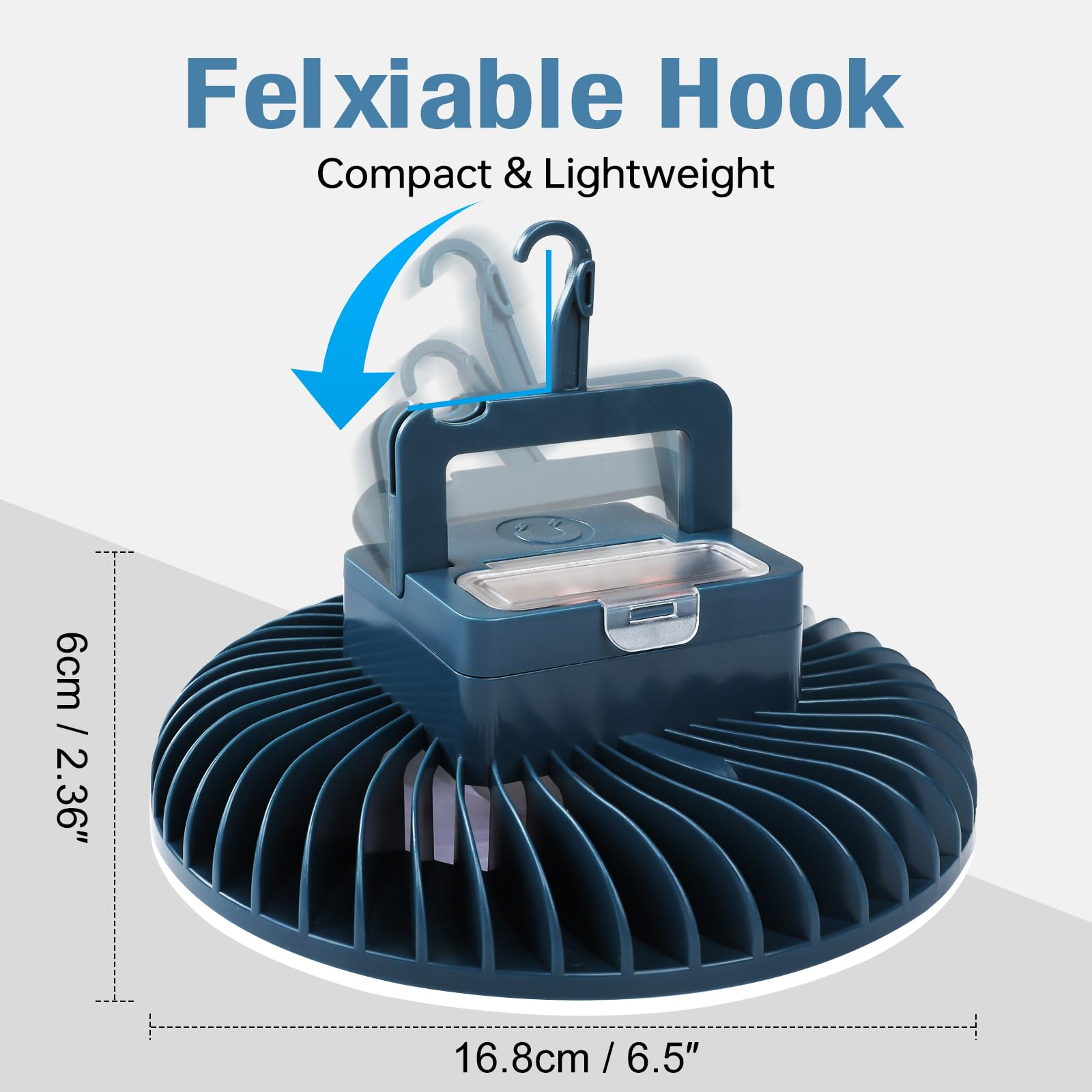 Ein dunkelblaues fächerförmiges Licht mit Haken. Das Produkt ist beschriftet.