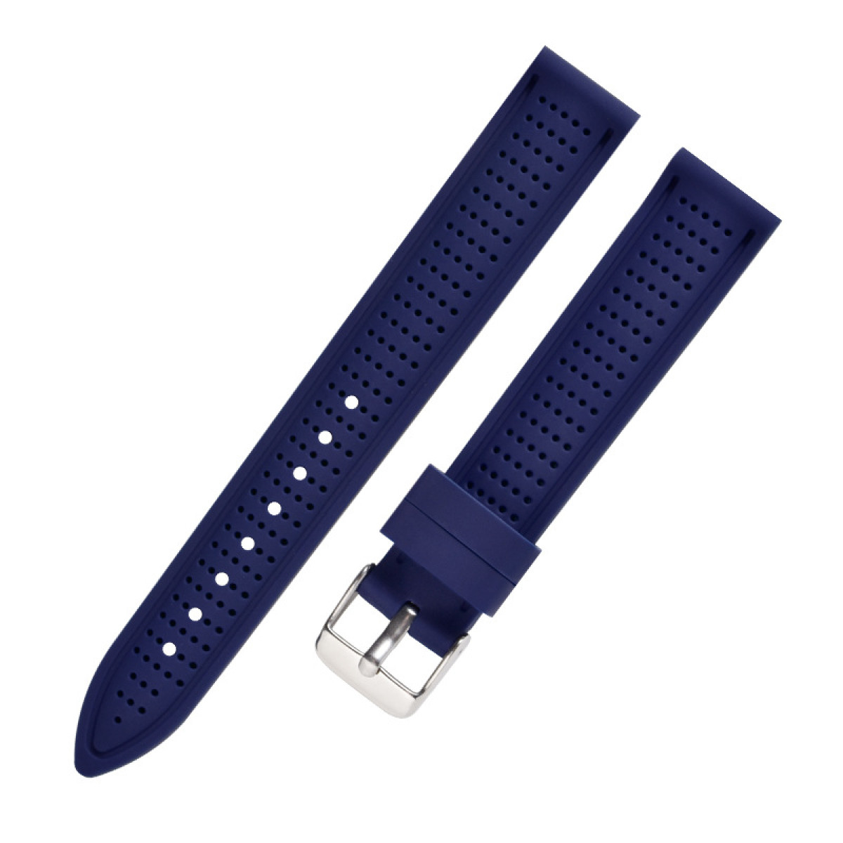 Cinturino blu navy con fori. Fibbia argentata. Sfondo bianco.