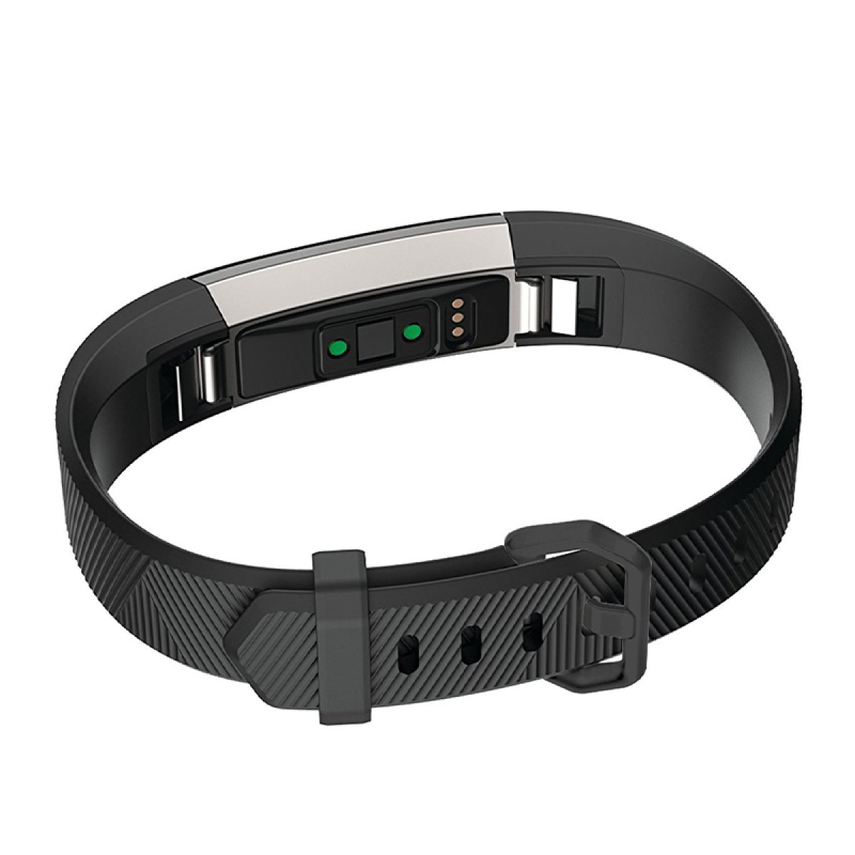 Ein schwarzer, intelligenter Fitness-Tracker mit einem schwarzen Armband. Der Tracker hat einen Bildschirm und einen Schnallenverschluss.