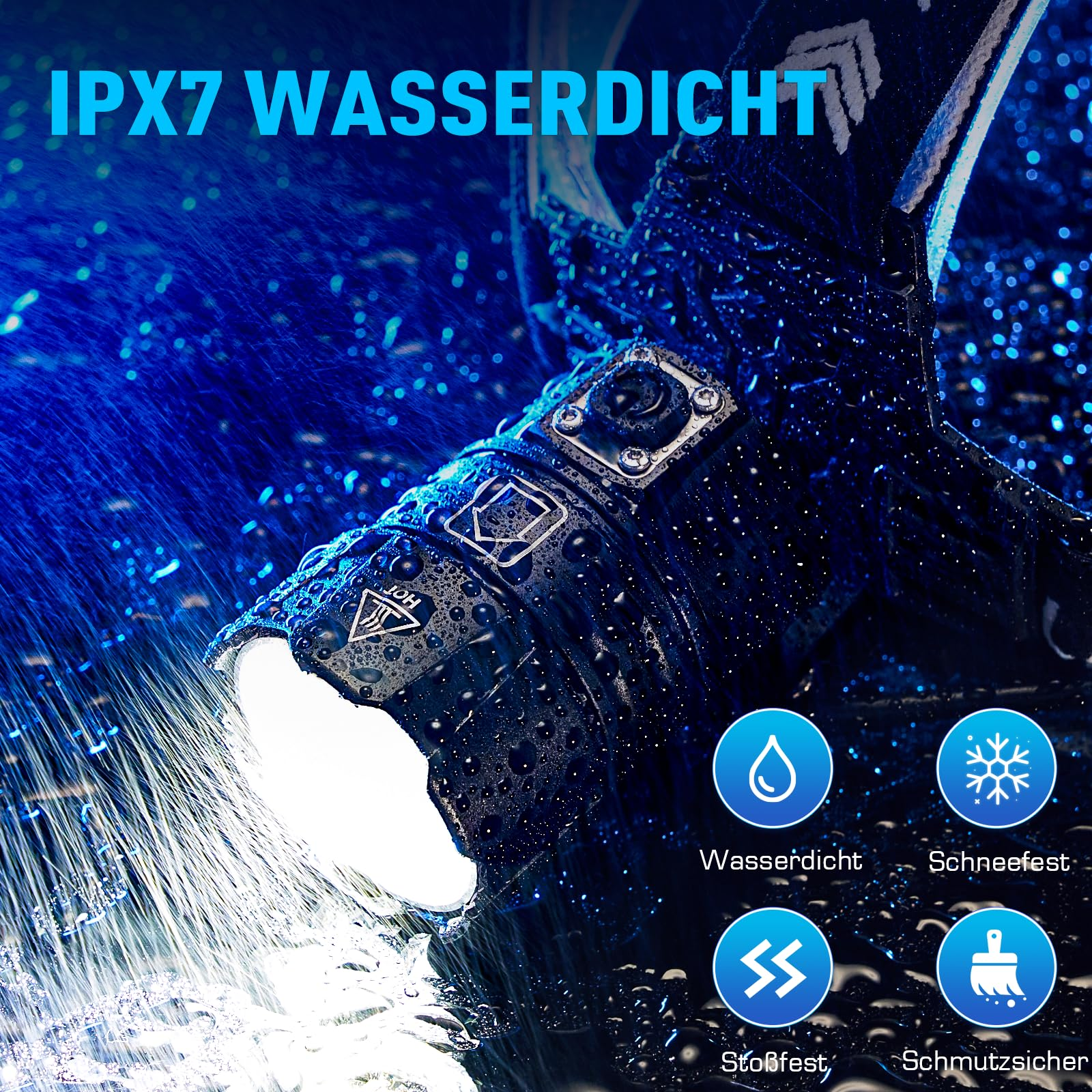 Wasserdichte Stirnlampe im Regen. Blauer Hintergrund mit Wassertropfen und Funktionssymbolen.