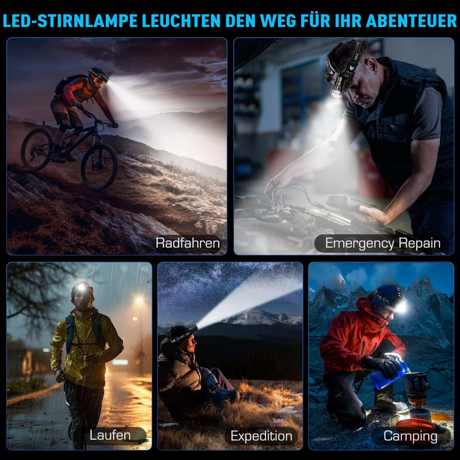 Collage von Bildern, die Menschen zeigen, die eine Stirnlampe für verschiedene Aktivitäten nutzen: Radfahren, Laufen, Expedition, Camping.