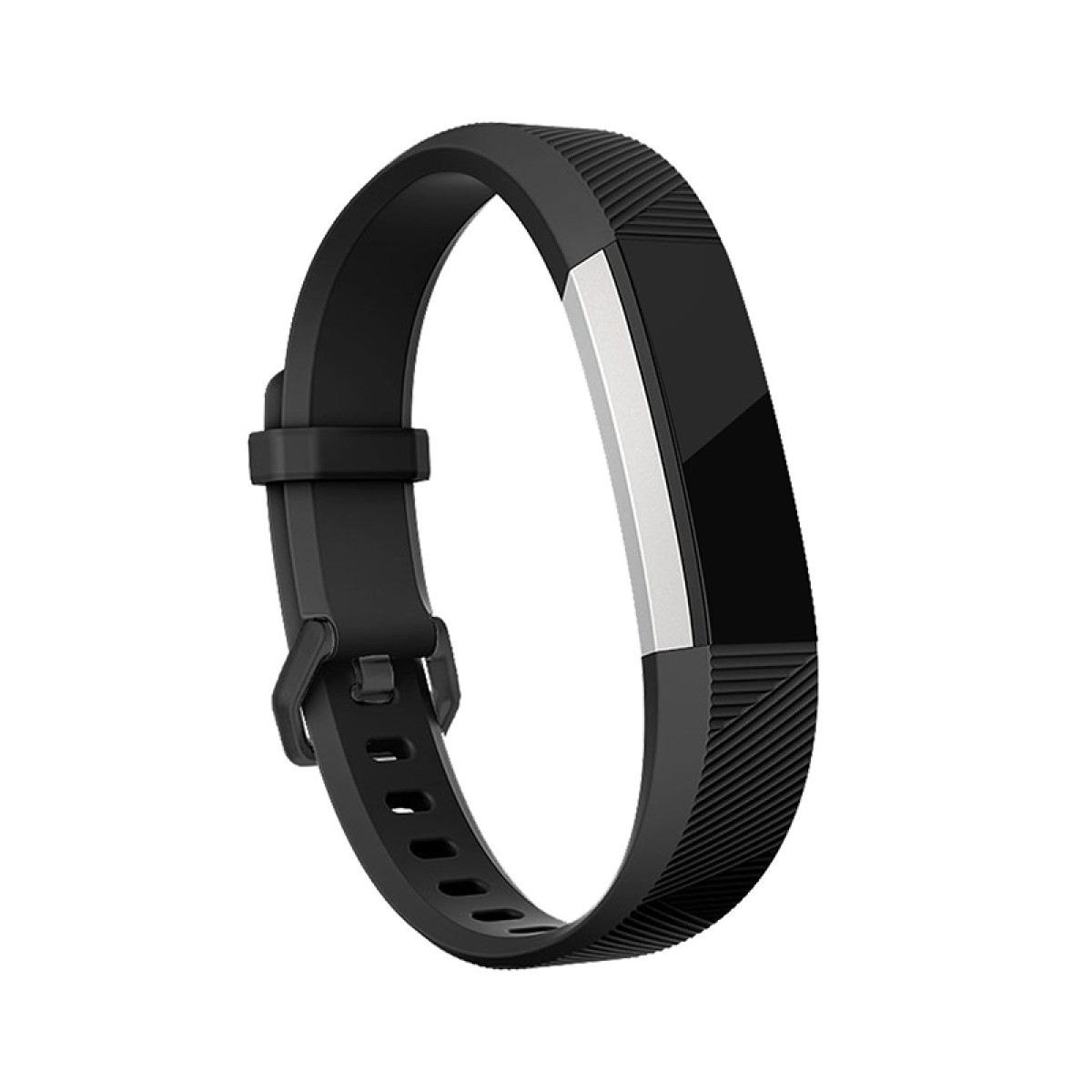 Ein schwarzer Fitnesstracker mit schwarzem Armband und silbernem Display auf weißem Hintergrund.