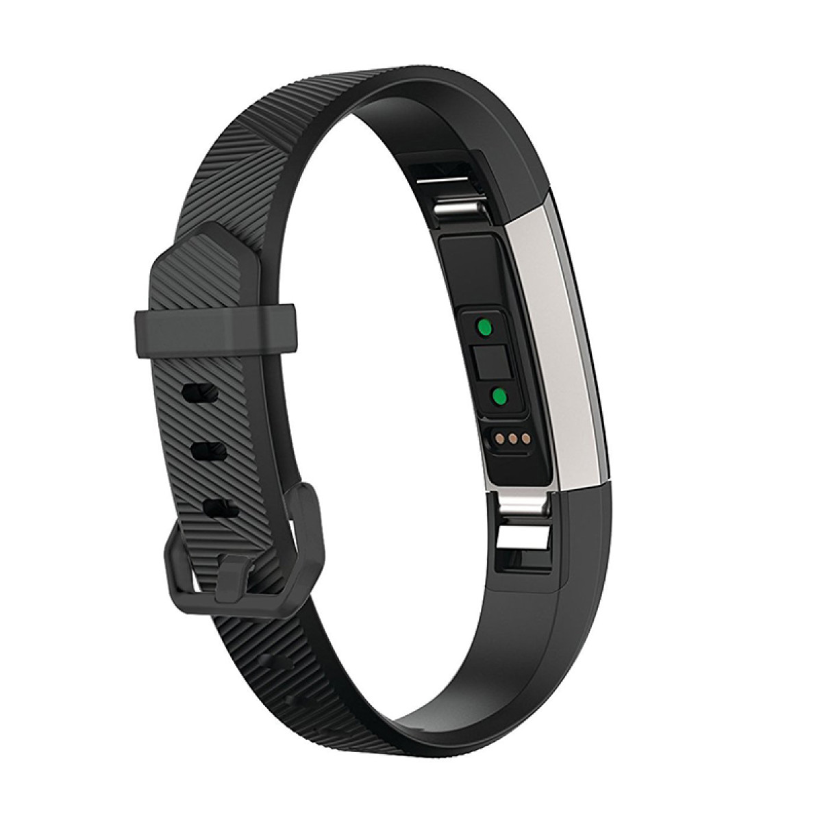 Ein schwarzer Fitnesstracker mit schwarzem Armband, silbernem Display mit grünen Punkten, vor weißem Hintergrund.