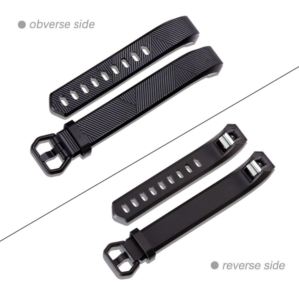 Zwei schwarze Uhrenarmbänder, eines strukturiert, eines glatt. Beide haben Löcher. Die Rückseiten sind ebenfalls abgebildet.