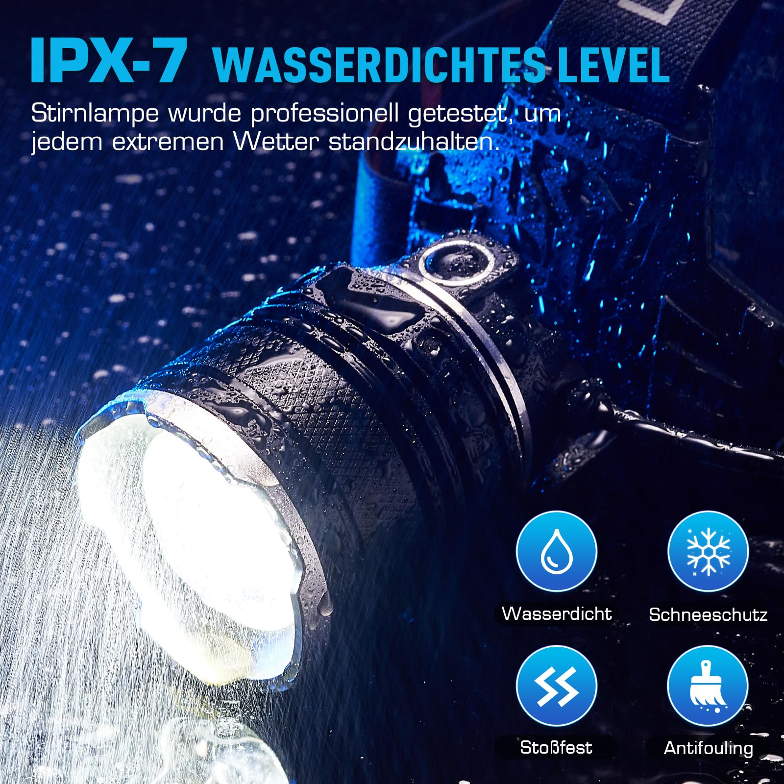 Eine Stirnlampe wird Wasser ausgesetzt, was ihre Wasserdichtigkeit mit visuellen Symbolen und Text zeigt.