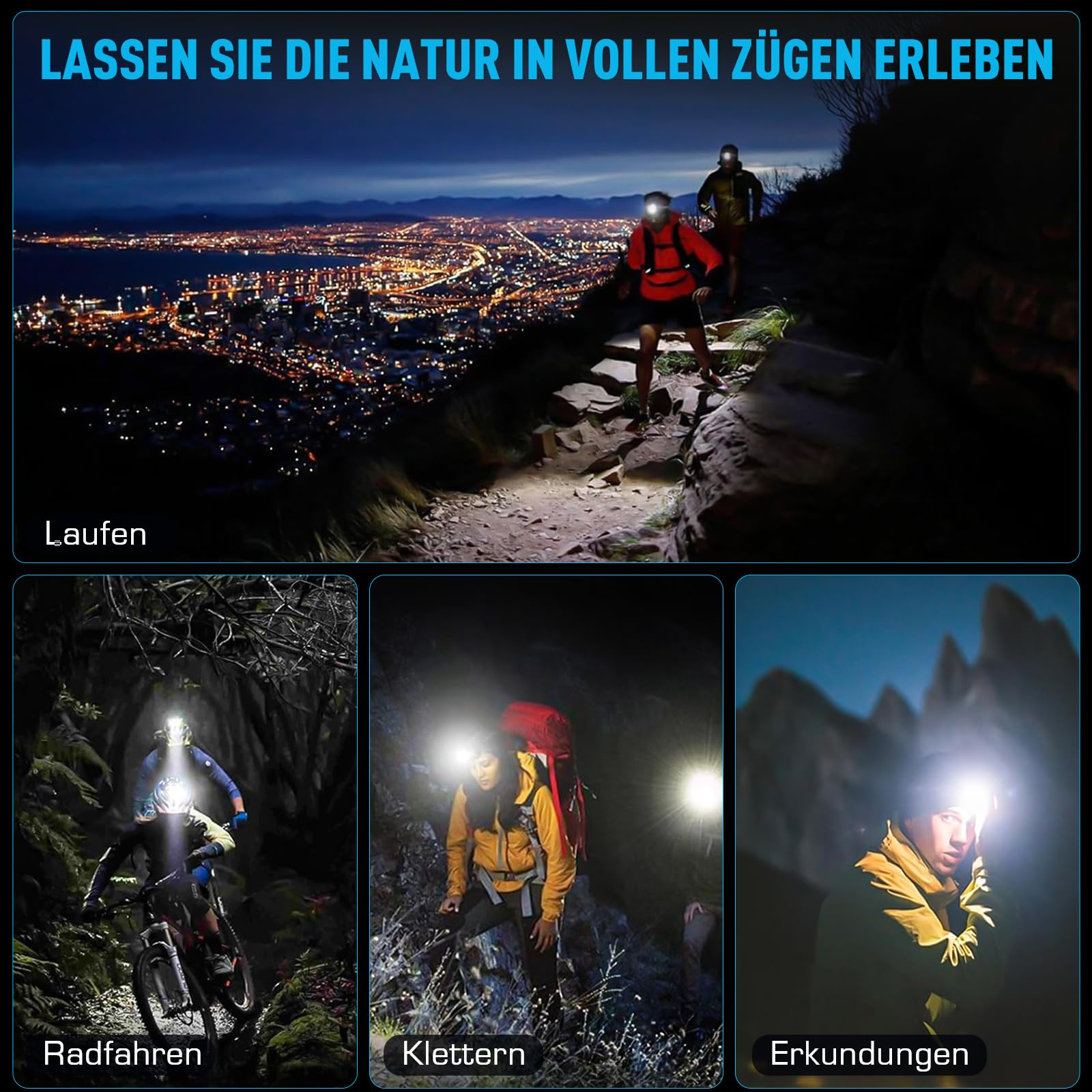 Nachtszenen von Menschen, die Stirnlampen benutzen. Szenen umfassen Laufen, Radfahren, Klettern und Erkunden bei Nacht mit Lichtern.