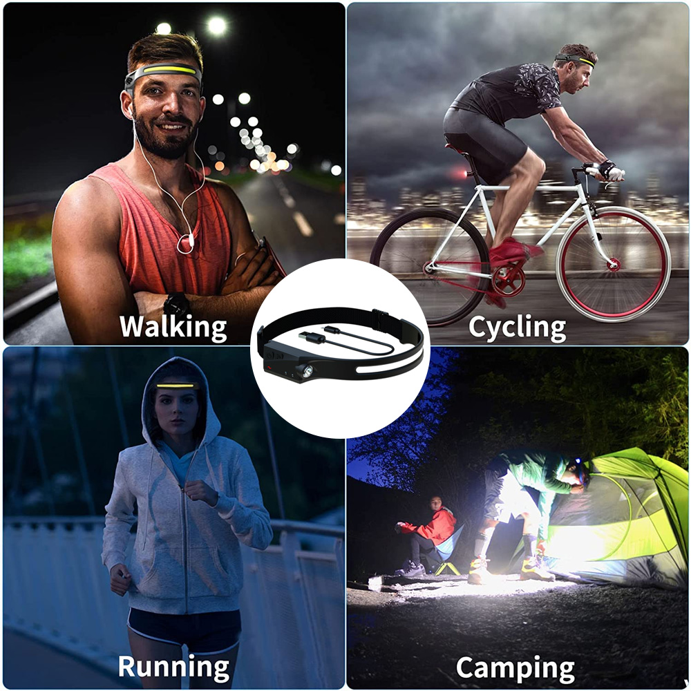 Stirnlampen bei verschiedenen Aktivitäten: Gehen, Radfahren, Laufen und Camping, die ihre Vielseitigkeit demonstrieren.