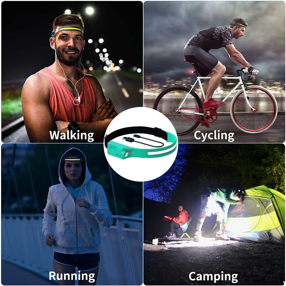 Menschen, die eine grüne Stirnlampe bei verschiedenen Aktivitäten wie Gehen, Radfahren, Laufen und Camping verwenden.