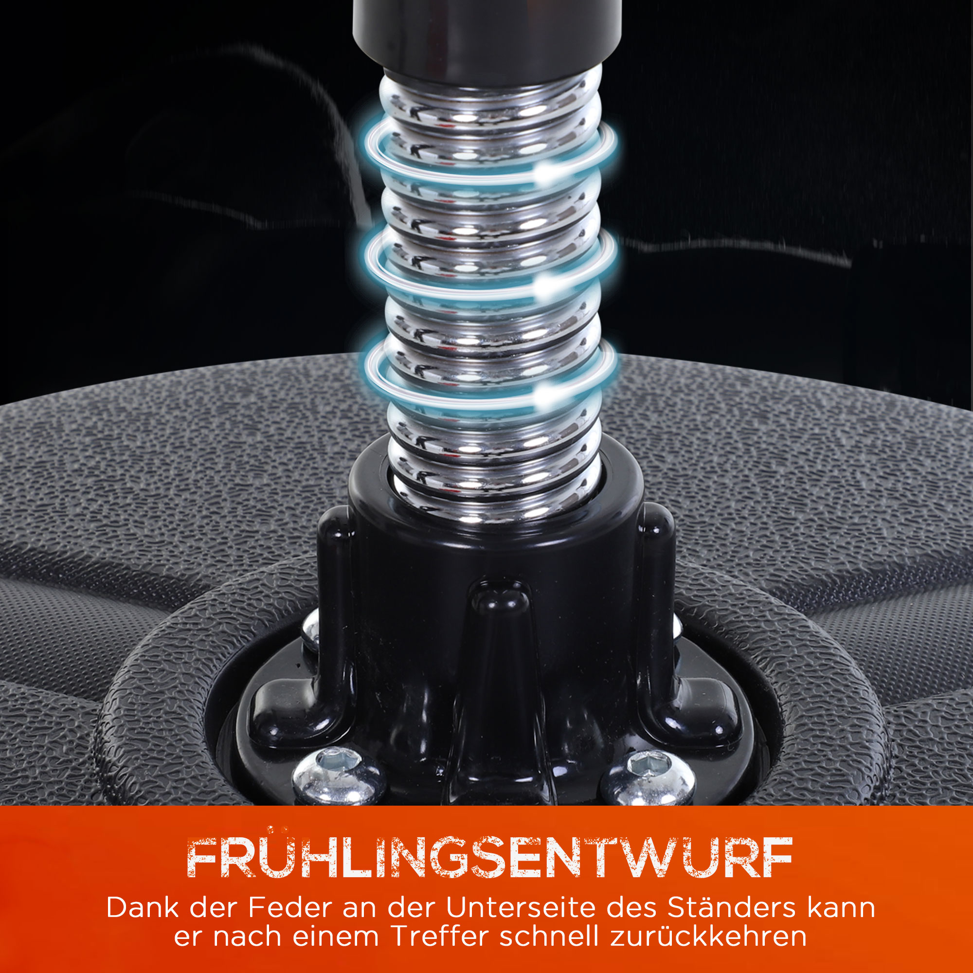 Silberne Feder einer Boxsackhalterung. Text auf Deutsch: Federn-Design. Kehrt nach einem Treffer schnell zurück.
