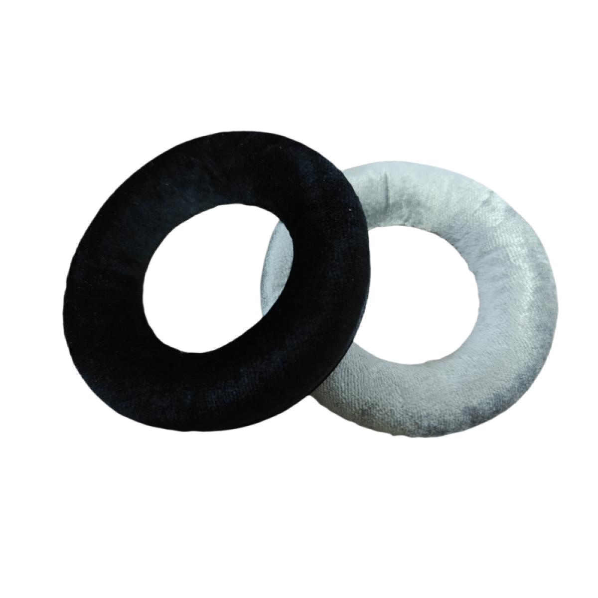 Due cuscinetti auricolari circolari neri e grigi per cuffie, isolati su sfondo bianco.