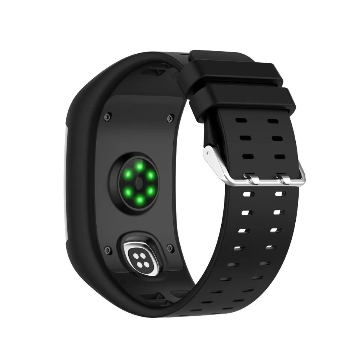 Retro di uno smartwatch nero con sensore di frequenza cardiaca e cinturino nero.