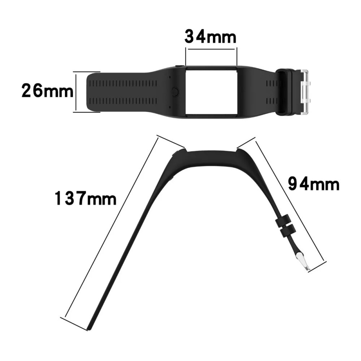 Vista dall'alto di un cinturino per smartwatch nero. Le misure sono espresse in millimetri.