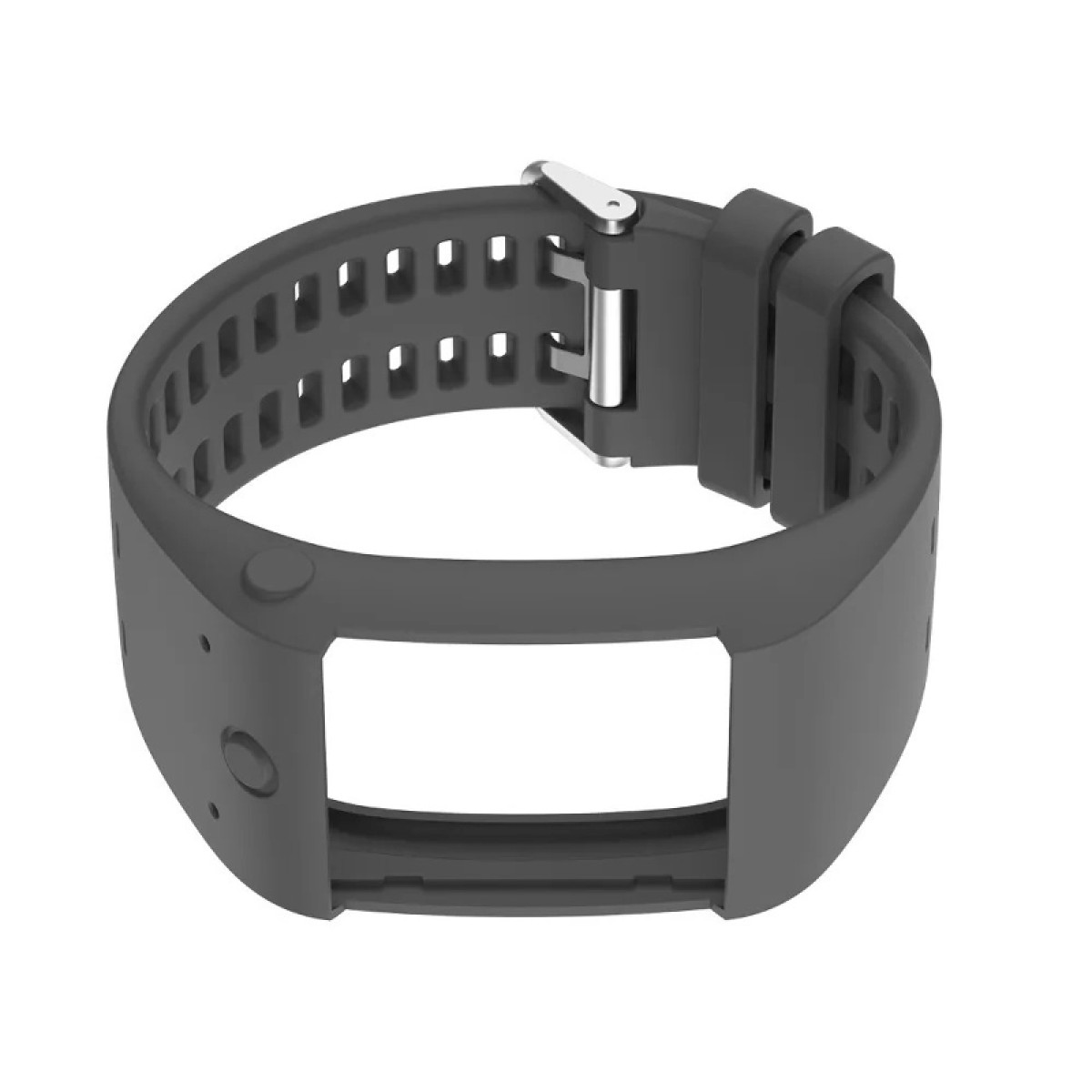 Ein dunkelgraues Uhrenarmband mit Schnalle. Es ist eine Nahaufnahme. Isoliert auf weißem Hintergrund.