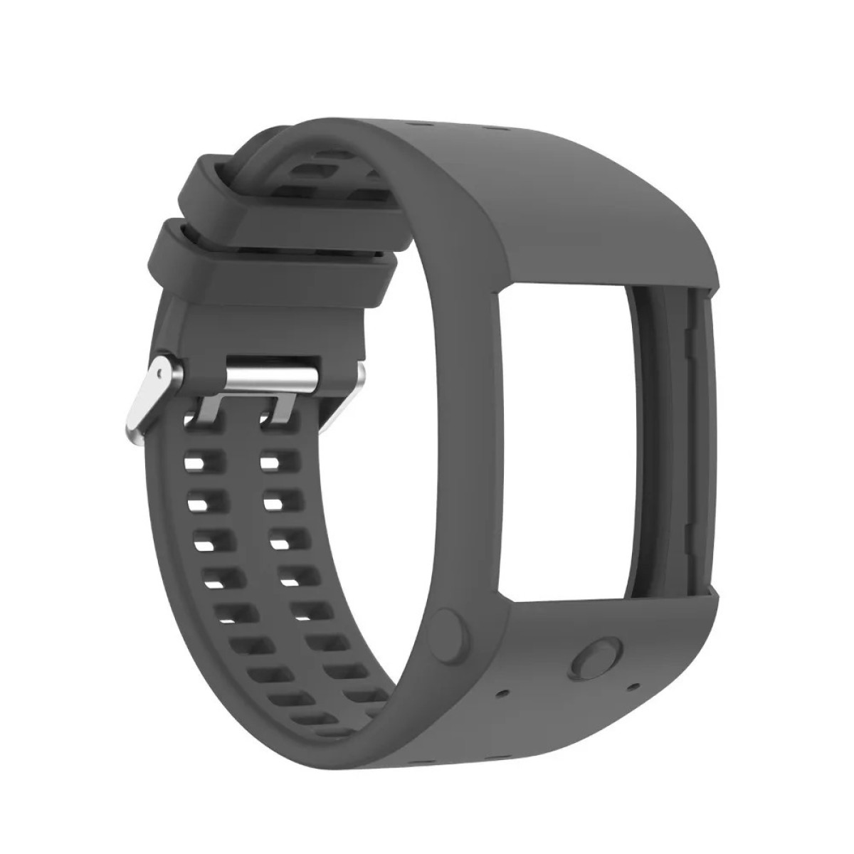 Schwarzes Uhrenarmband mit gebogener Form und Löchern auf weißem Hintergrund.