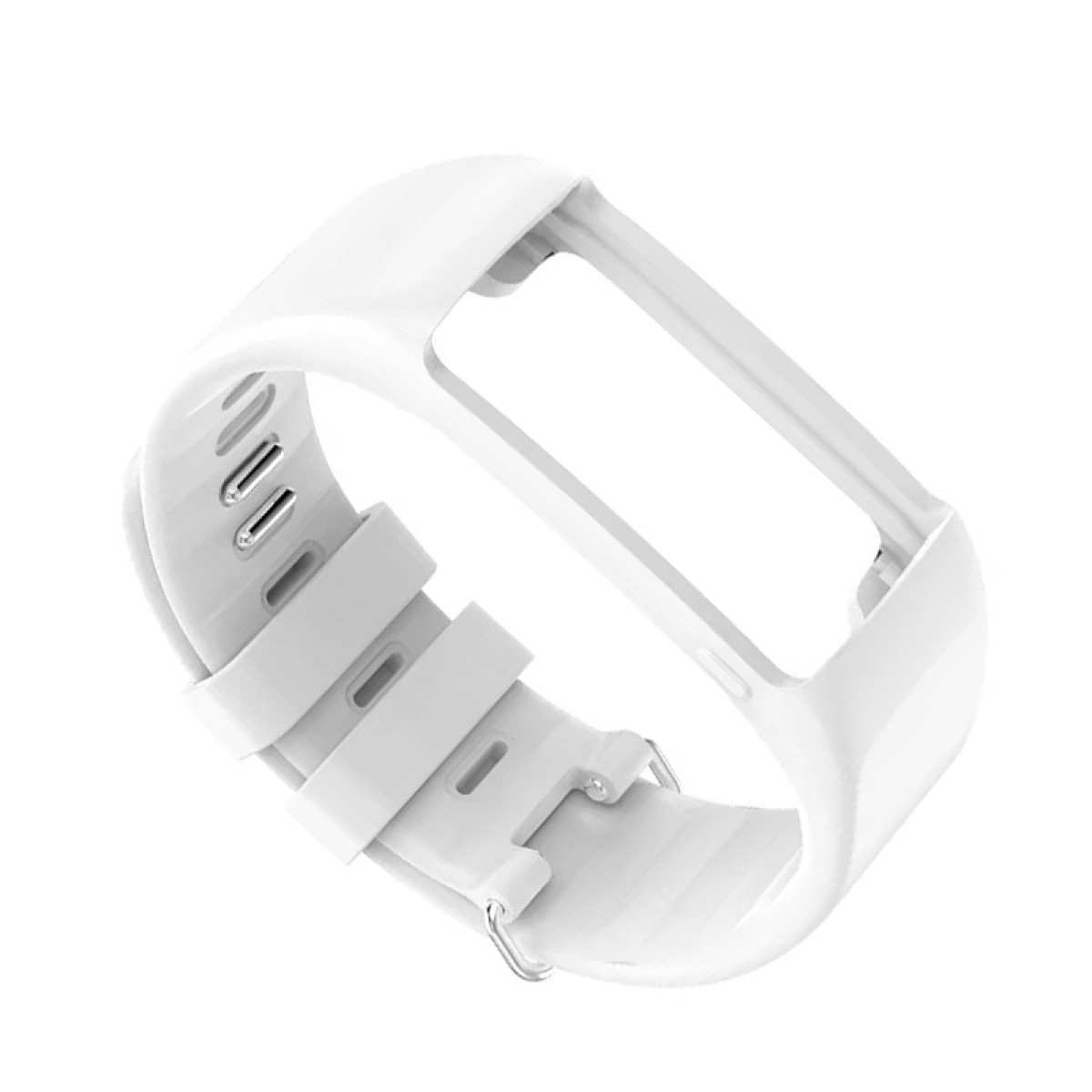 Ein weißes Uhrenarmband mit rechteckigem Rahmen, aus einem Winkel betrachtet.