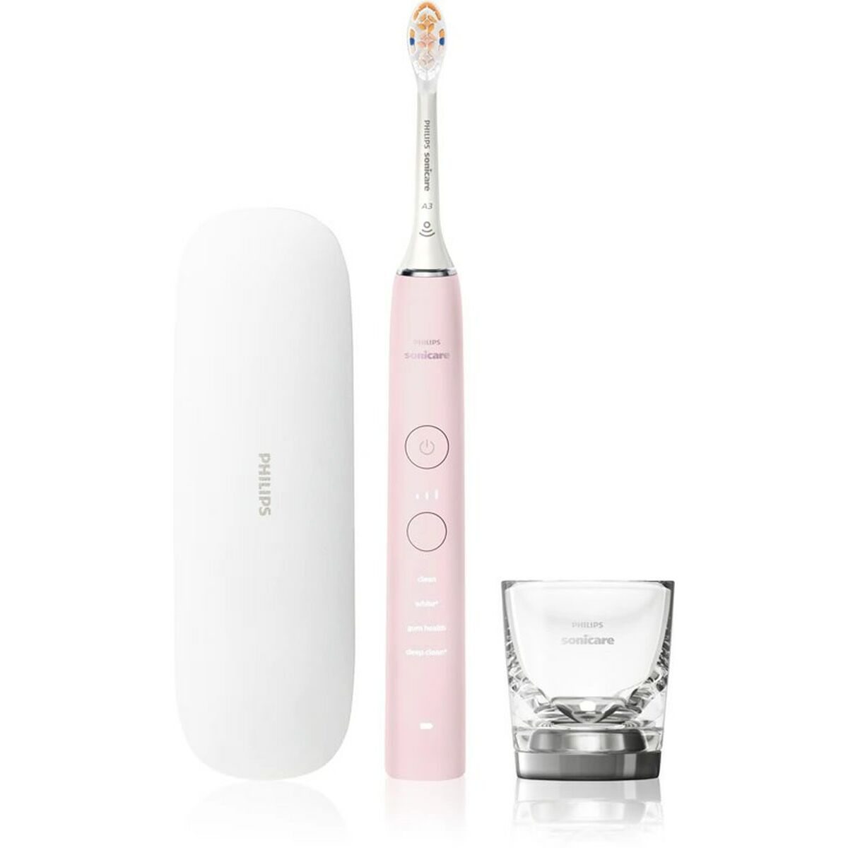 Spazzolino elettrico rosa con custodia e bicchiere su sfondo bianco.