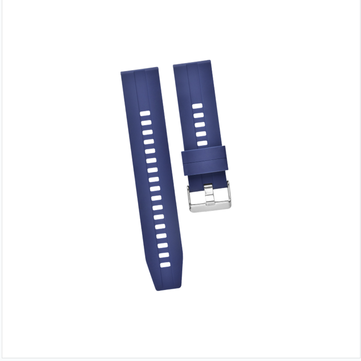 Cinturini blu con fori e fibbia argentata, isolati su sfondo bianco.